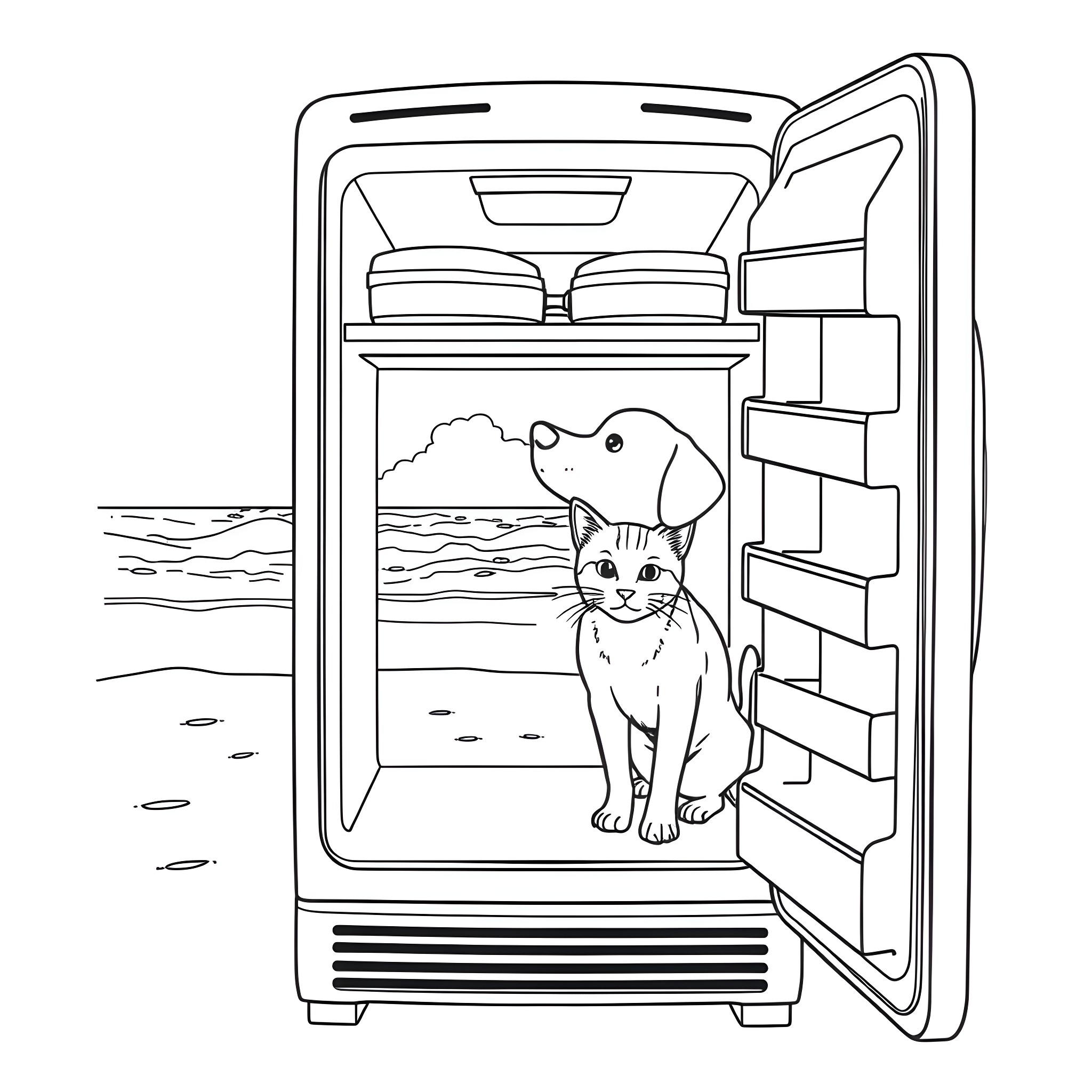 Dog and cat enjoying the outdoors from an open refrigerator Coloring Page (free black-and-white line drawing printable PDF for all, from beginners to advanced learners, including children, teens, adults, and seniors)