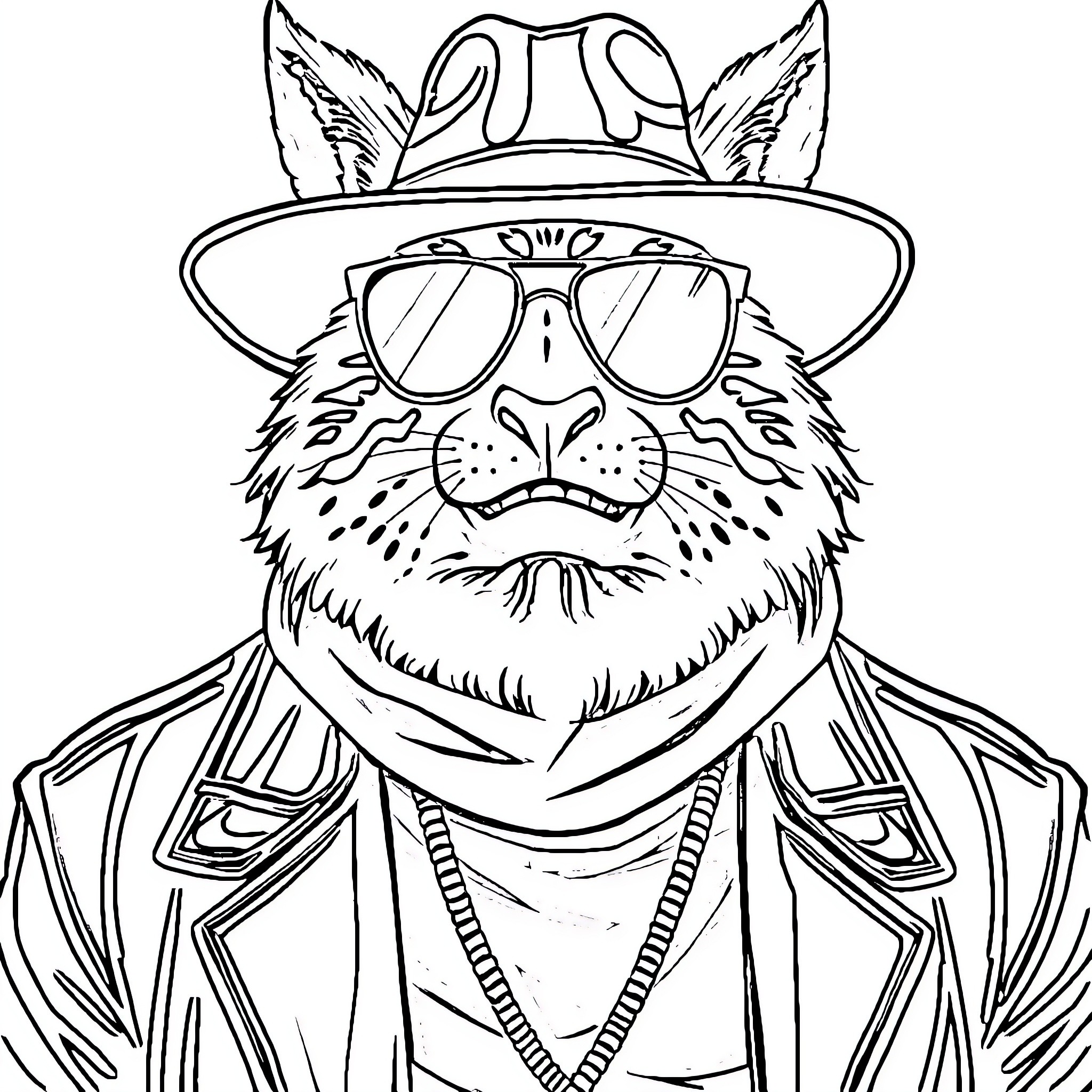 Brozzer cool cat in stylish outfit Coloring Page (free black-and-white line drawing printable PDF for all, from beginners to advanced learners, including children, teens, adults, and seniors)