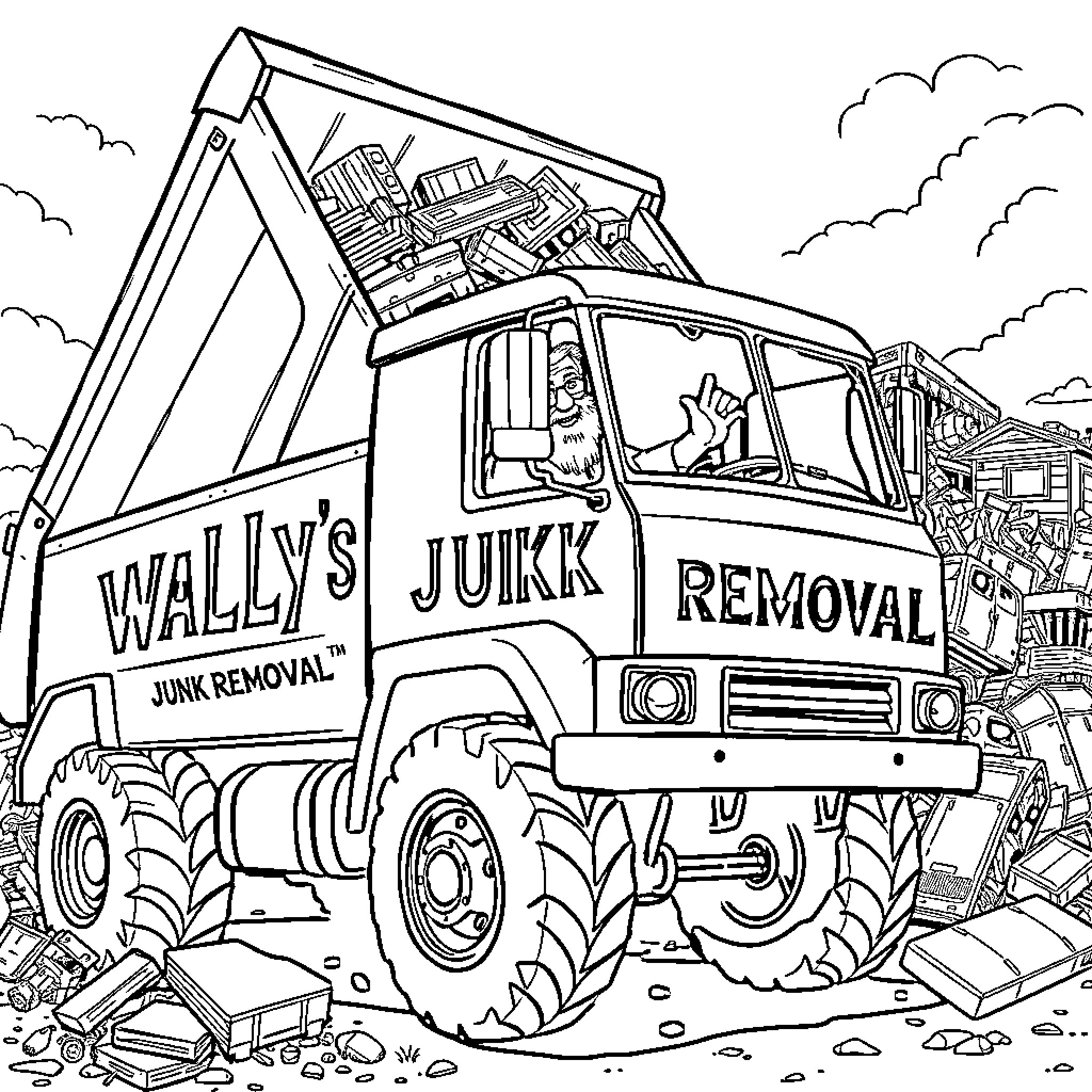 Dump Truck Transporting Junk and Debris to Removal Site Coloring Page (free black-and-white line drawing printable PDF for all, from beginners to advanced learners, including children, teens, adults, and seniors)