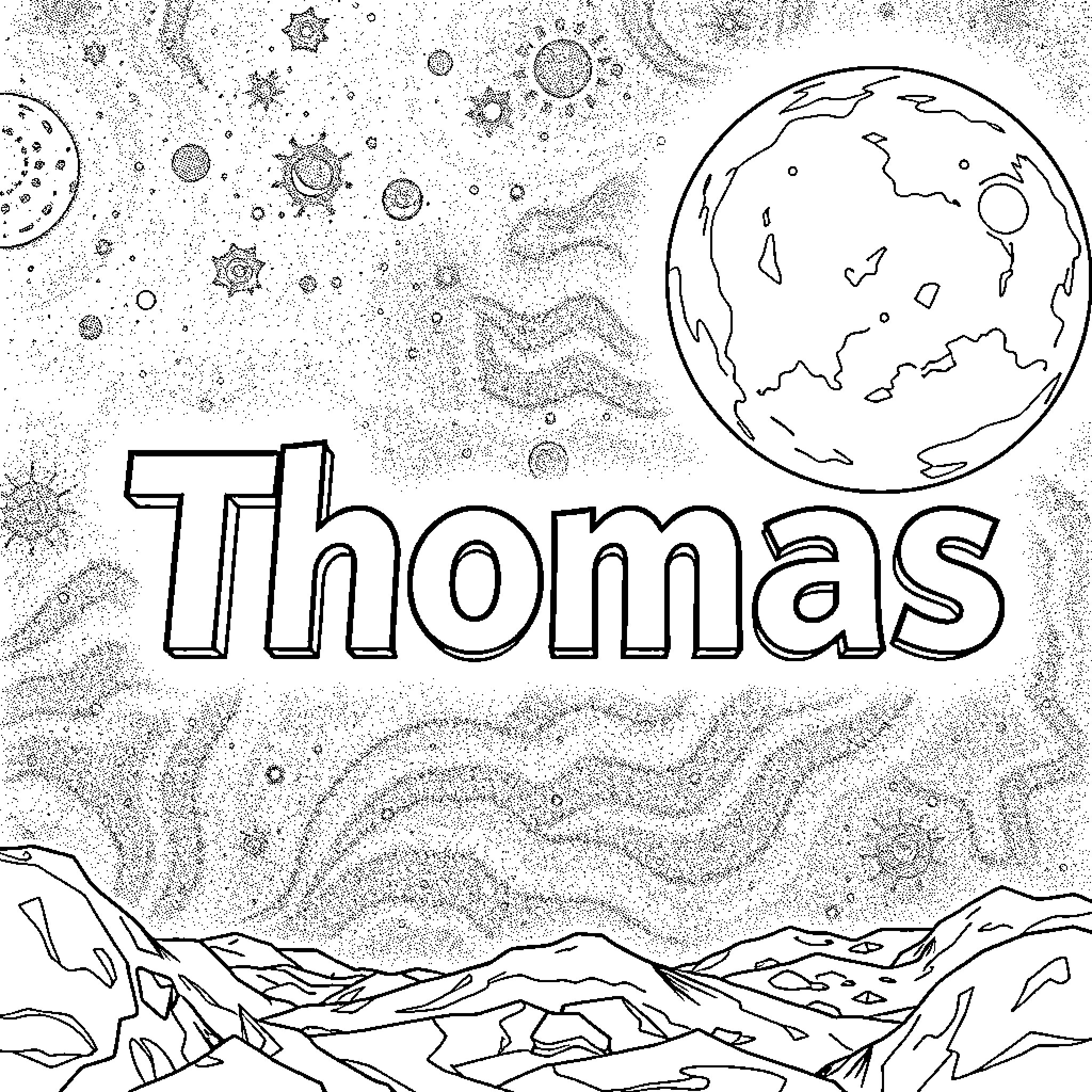 Thomas exploring the cosmic landscape Coloring Page (free black-and-white line drawing printable PDF for all, from beginners to advanced learners, including children, teens, adults, and seniors)