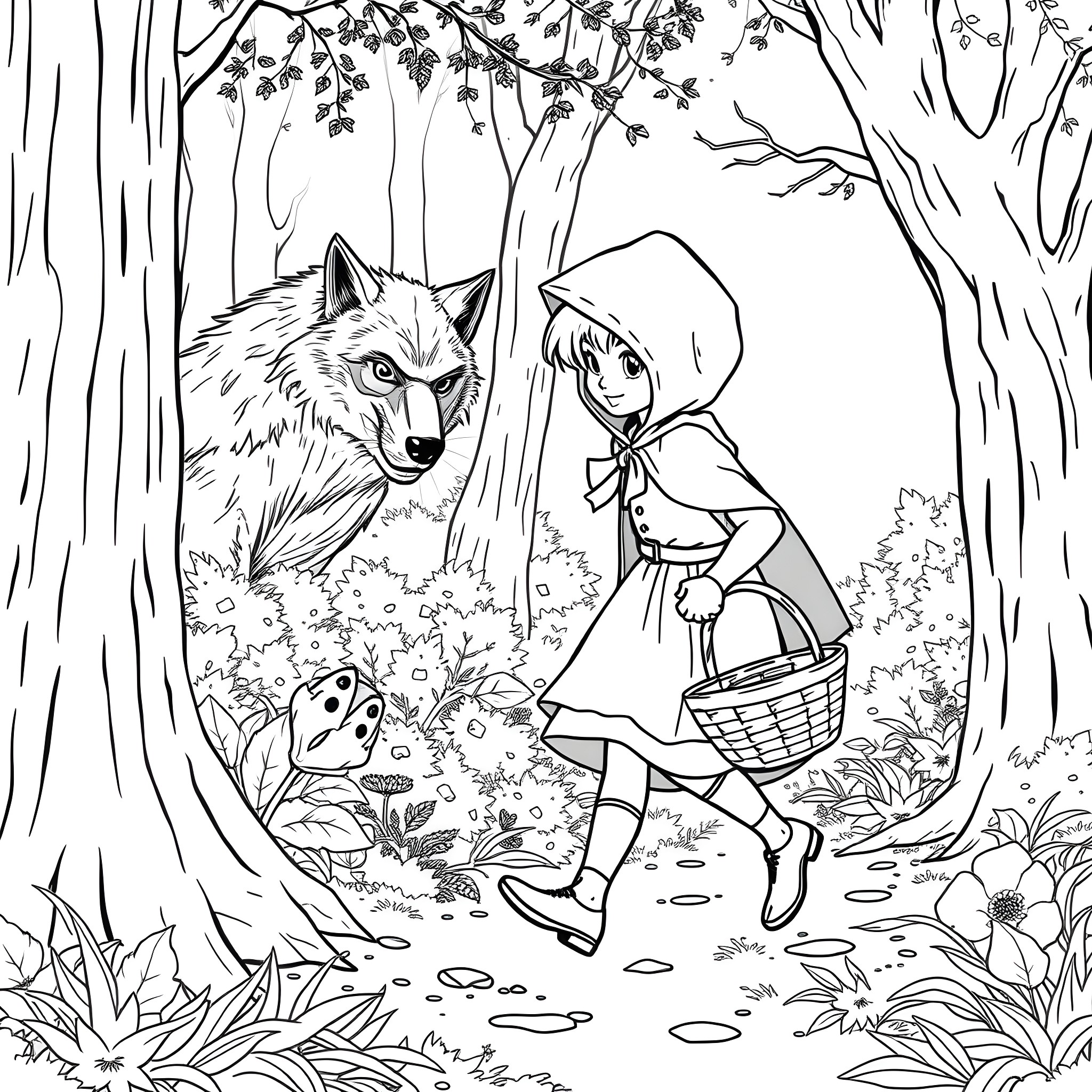 Red Riding Hood meets the wolf in the forest Coloring Page (free black-and-white line drawing printable PDF for all, from beginners to advanced learners, including children, teens, adults, and seniors)