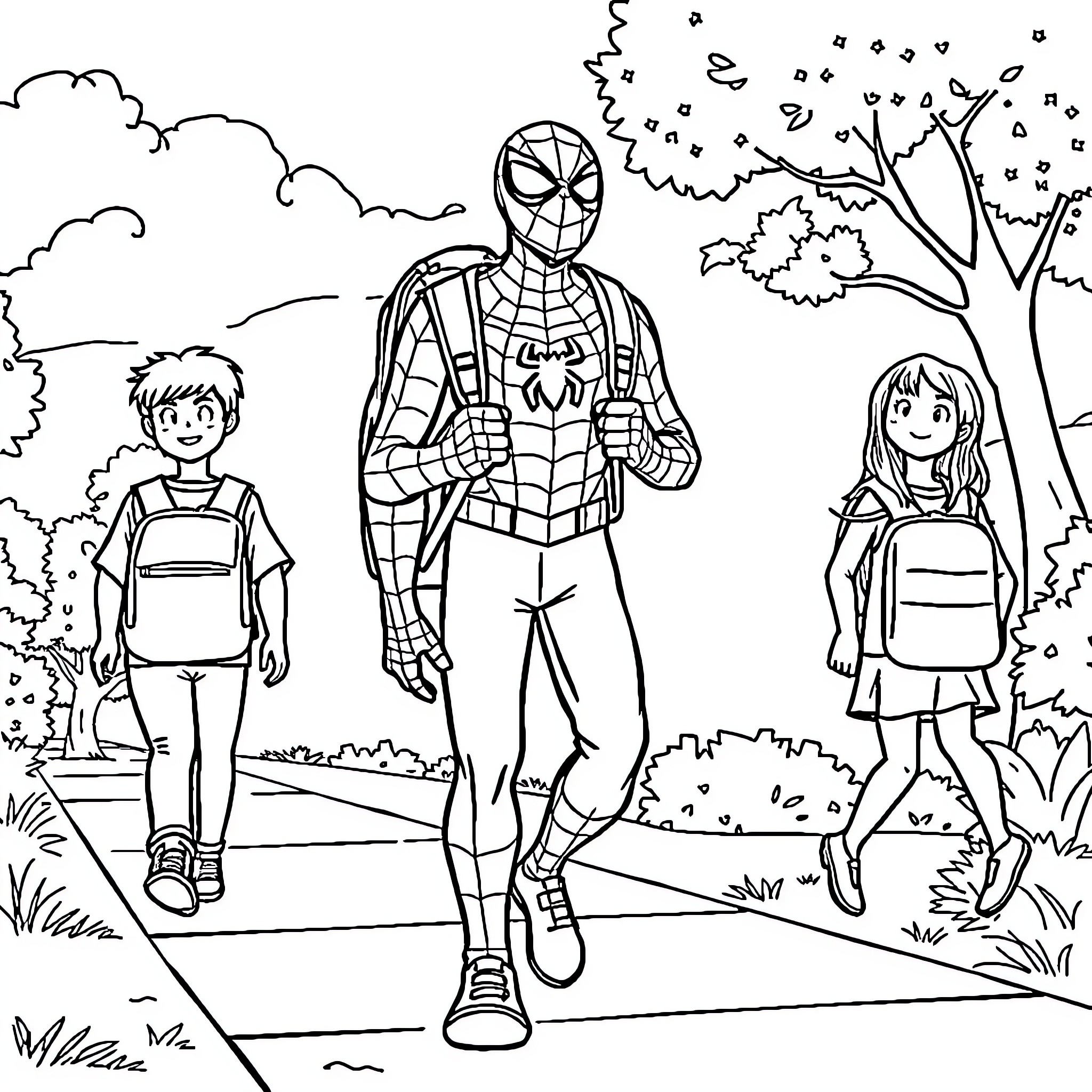 Spiderman walks with two young children in the park Coloring Page (free black-and-white line drawing printable PDF for all, from beginners to advanced learners, including children, teens, adults, and seniors)