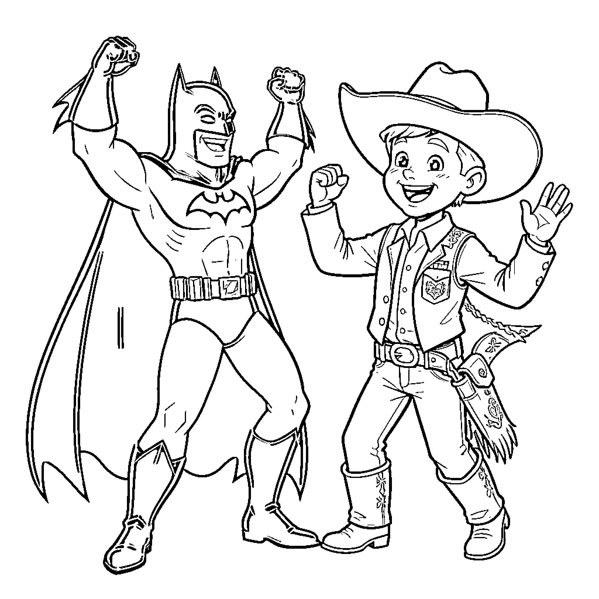 Batman and Young Cowboy Celebrating Adventure Coloring Page (free black-and-white line drawing printable PDF for all, from beginners to advanced learners, including children, teens, adults, and seniors)
