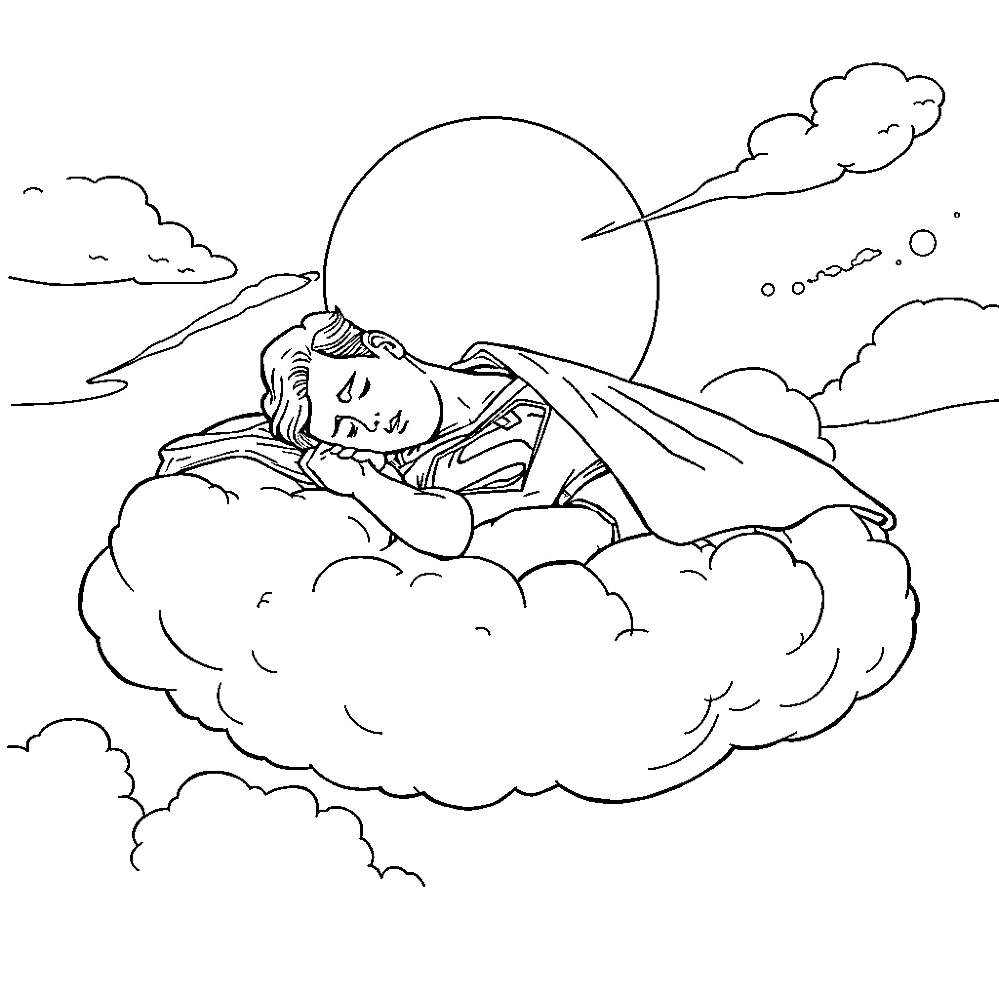 Superman resting peacefully on clouds against sunset Coloring Page (free black-and-white line drawing printable PDF for all, from beginners to advanced learners, including children, teens, adults, and seniors)