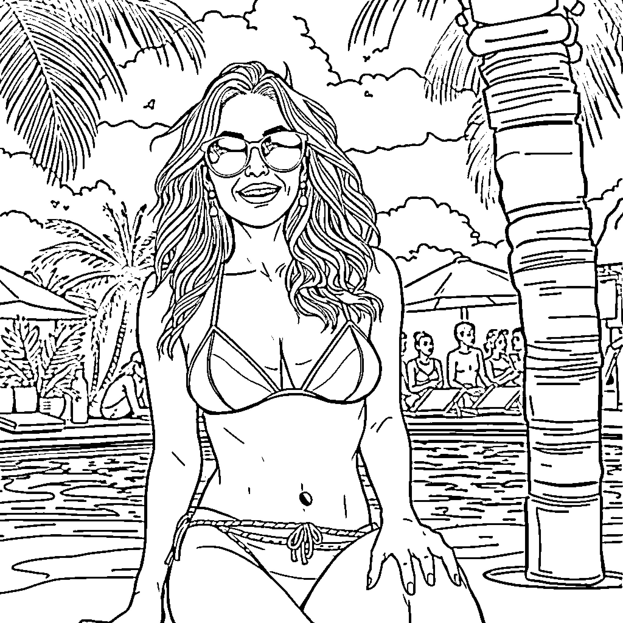 Jessica Alba relaxing in a tropical setting Coloring Page (free black-and-white line drawing printable PDF for all, from beginners to advanced learners, including children, teens, adults, and seniors)