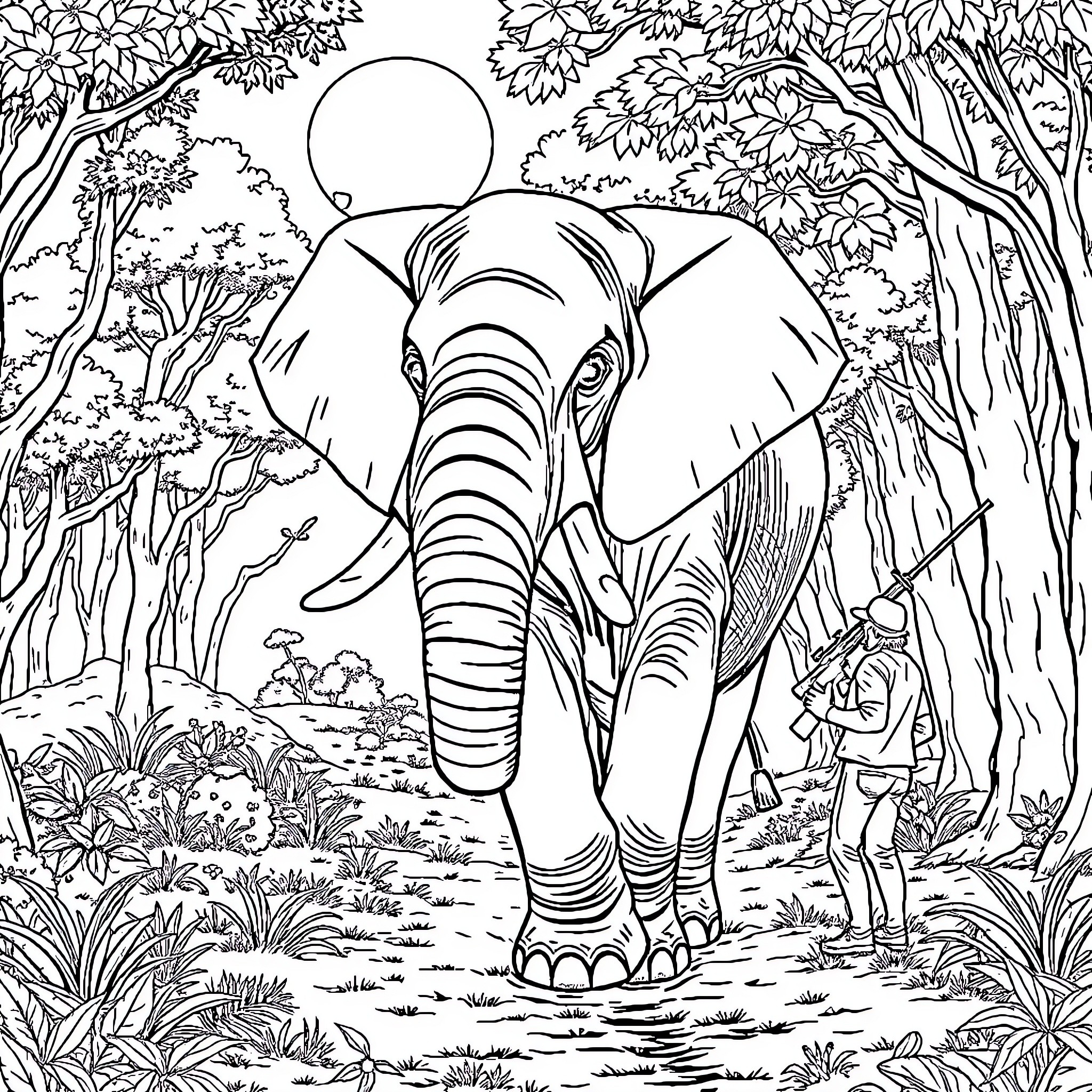 Elephant exploring the lush jungle landscape Coloring Page (free black-and-white line drawing printable PDF for all, from beginners to advanced learners, including children, teens, adults, and seniors)