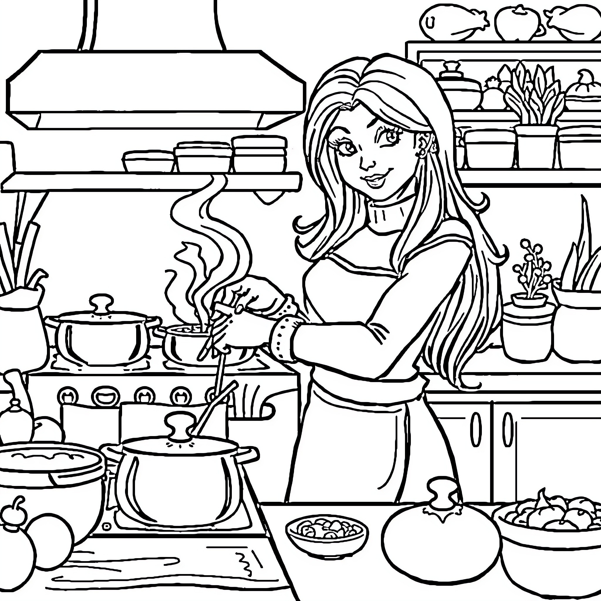 Elvira cooking happily in her kitchen Coloring Page (free black-and-white line drawing printable PDF for all, from beginners to advanced learners, including children, teens, adults, and seniors)