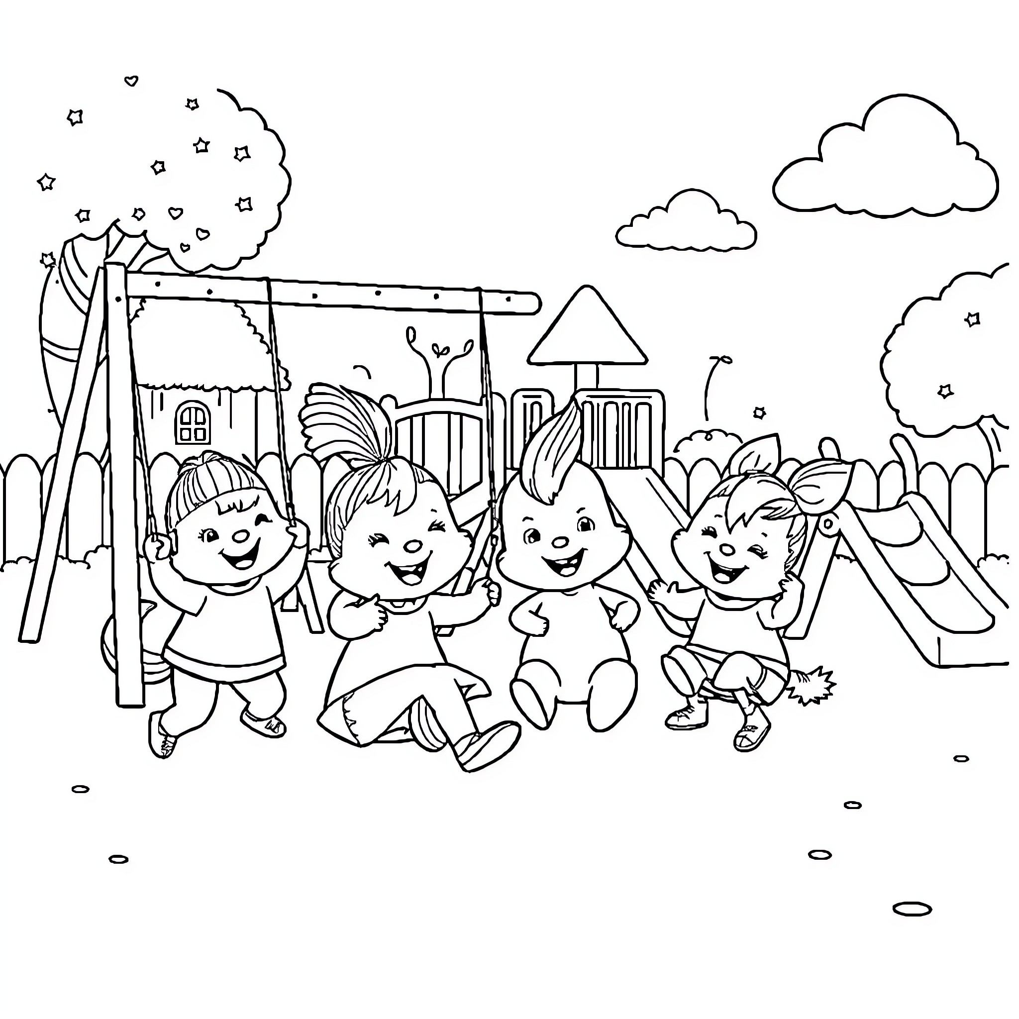 Sprunki playing joyfully at the playground Coloring Page (free black-and-white line drawing printable PDF for all, from beginners to advanced learners, including children, teens, adults, and seniors)