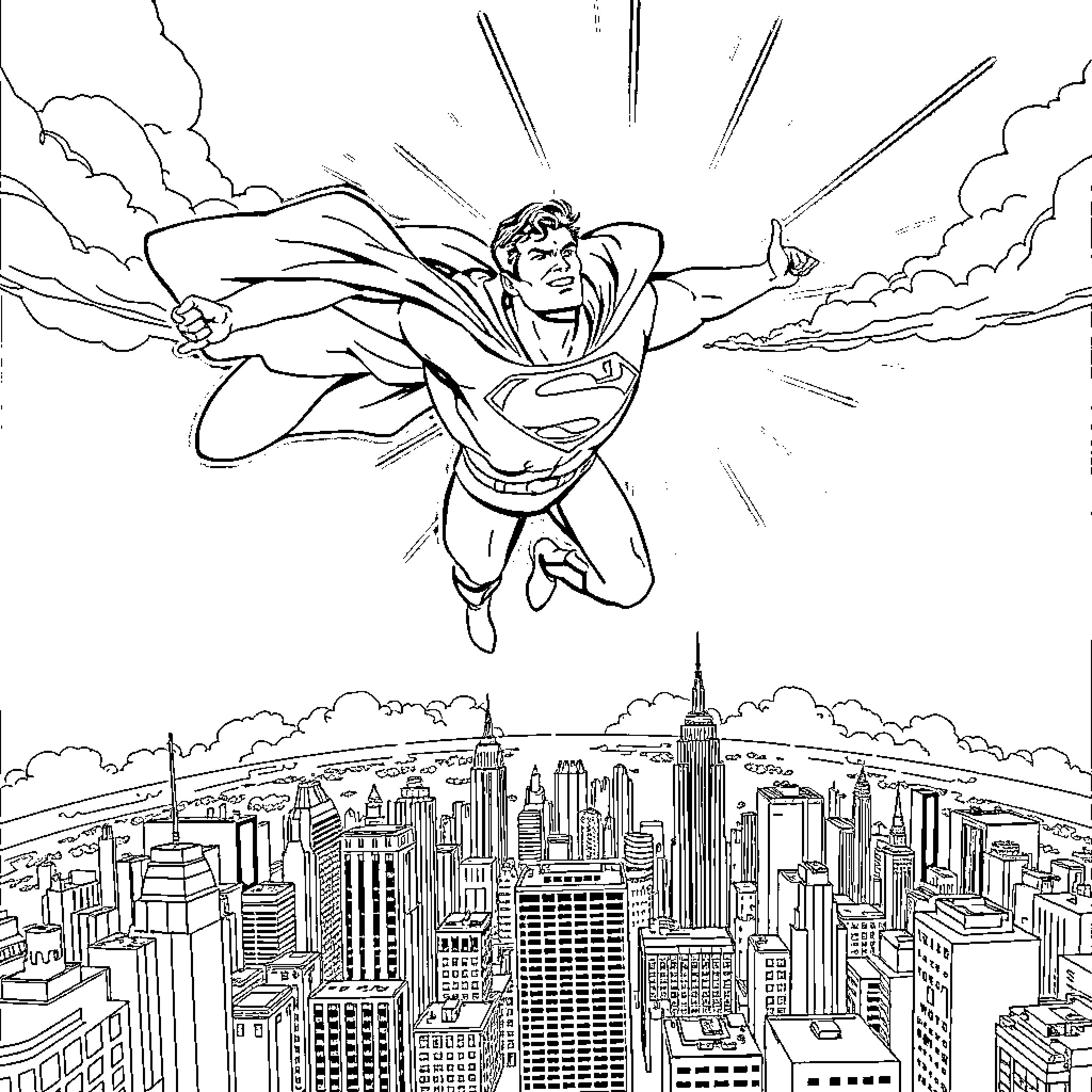 Superman soaring over the city skyline Coloring Page (free black-and-white line drawing printable PDF for all, from beginners to advanced learners, including children, teens, adults, and seniors)