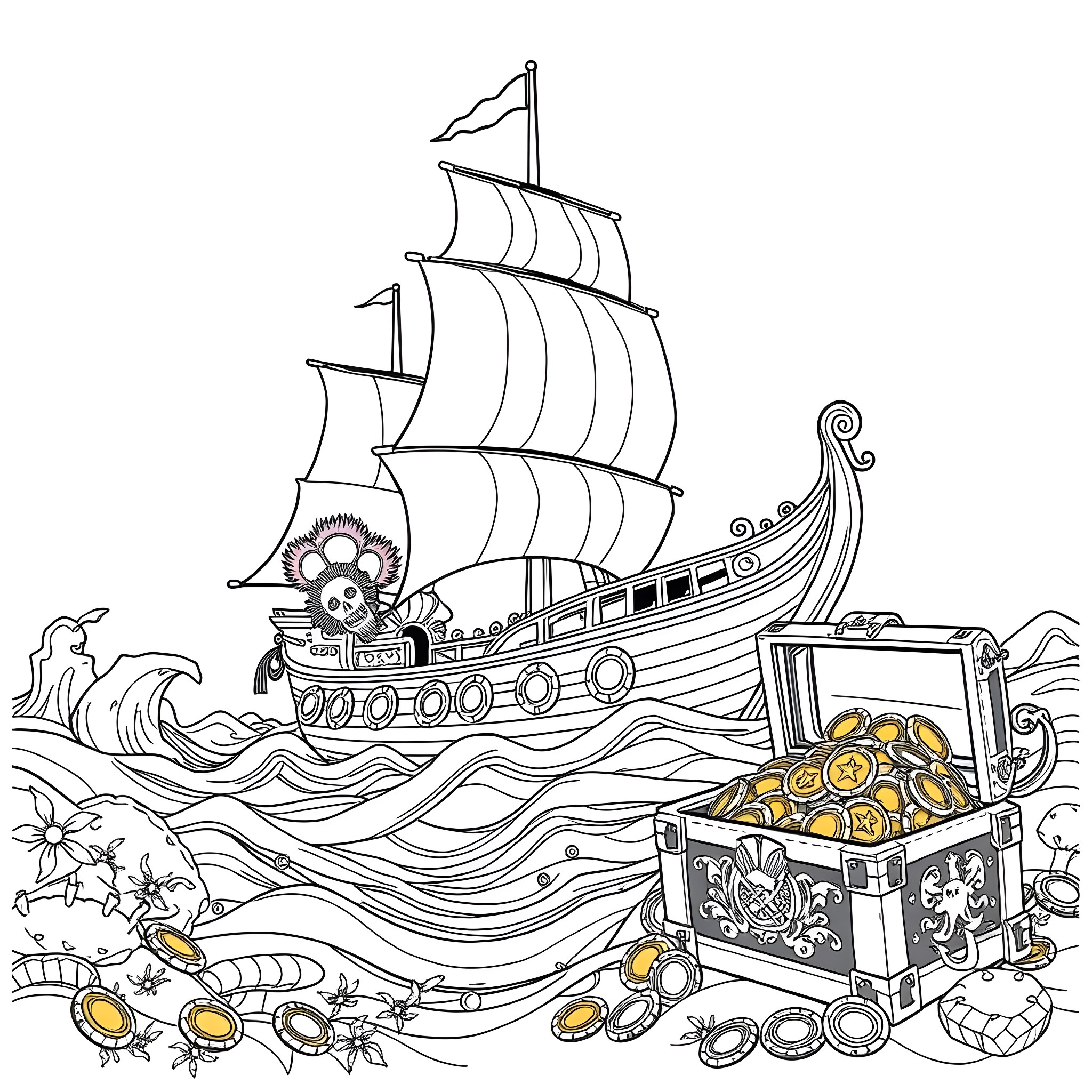 Pirate Ship with Treasure Chests at Sea Coloring Page (free black-and-white line drawing printable PDF for all, from beginners to advanced learners, including children, teens, adults, and seniors)