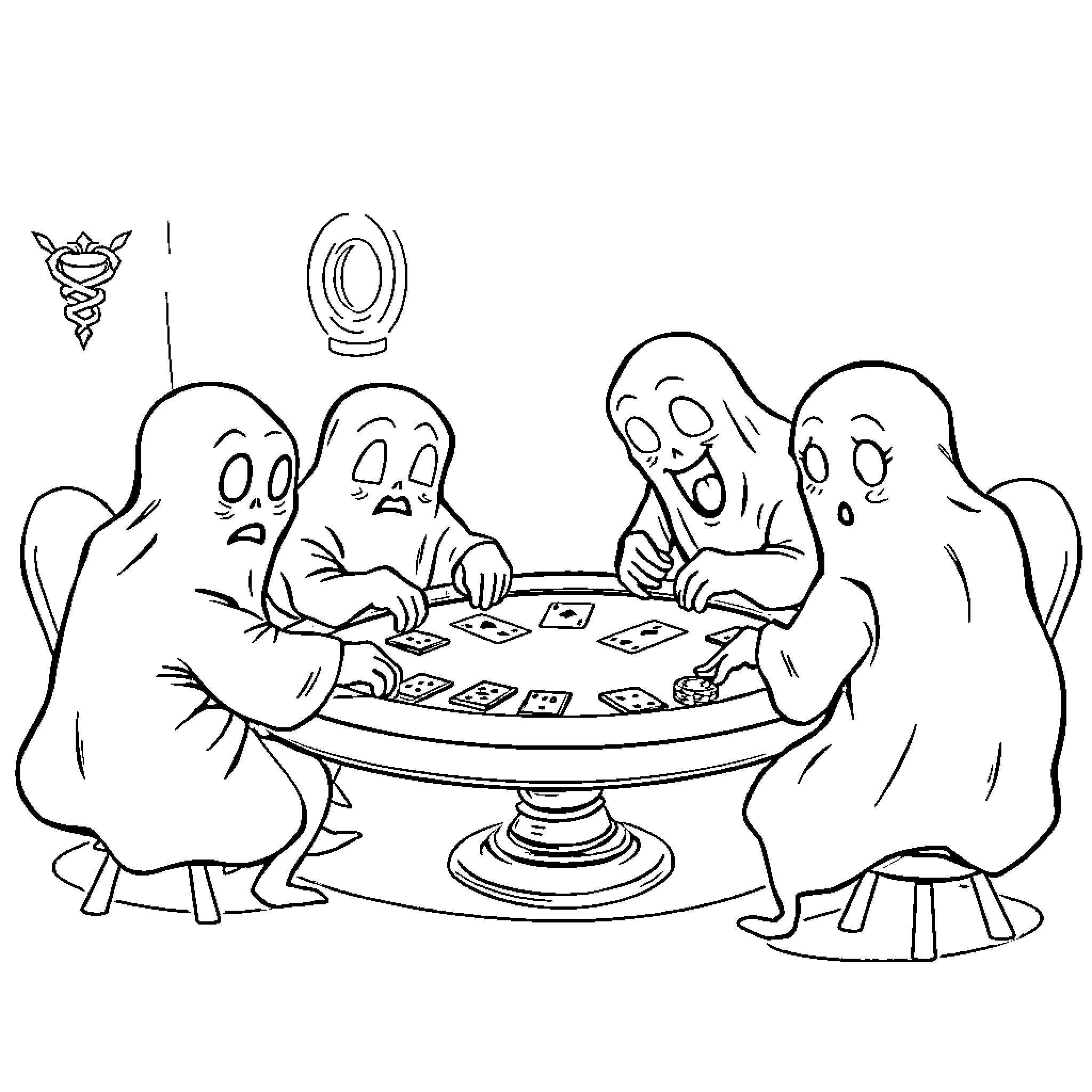 Ghost friends playing cards in spooky scene Coloring Page (free black-and-white line drawing printable PDF for all, from beginners to advanced learners, including children, teens, adults, and seniors)