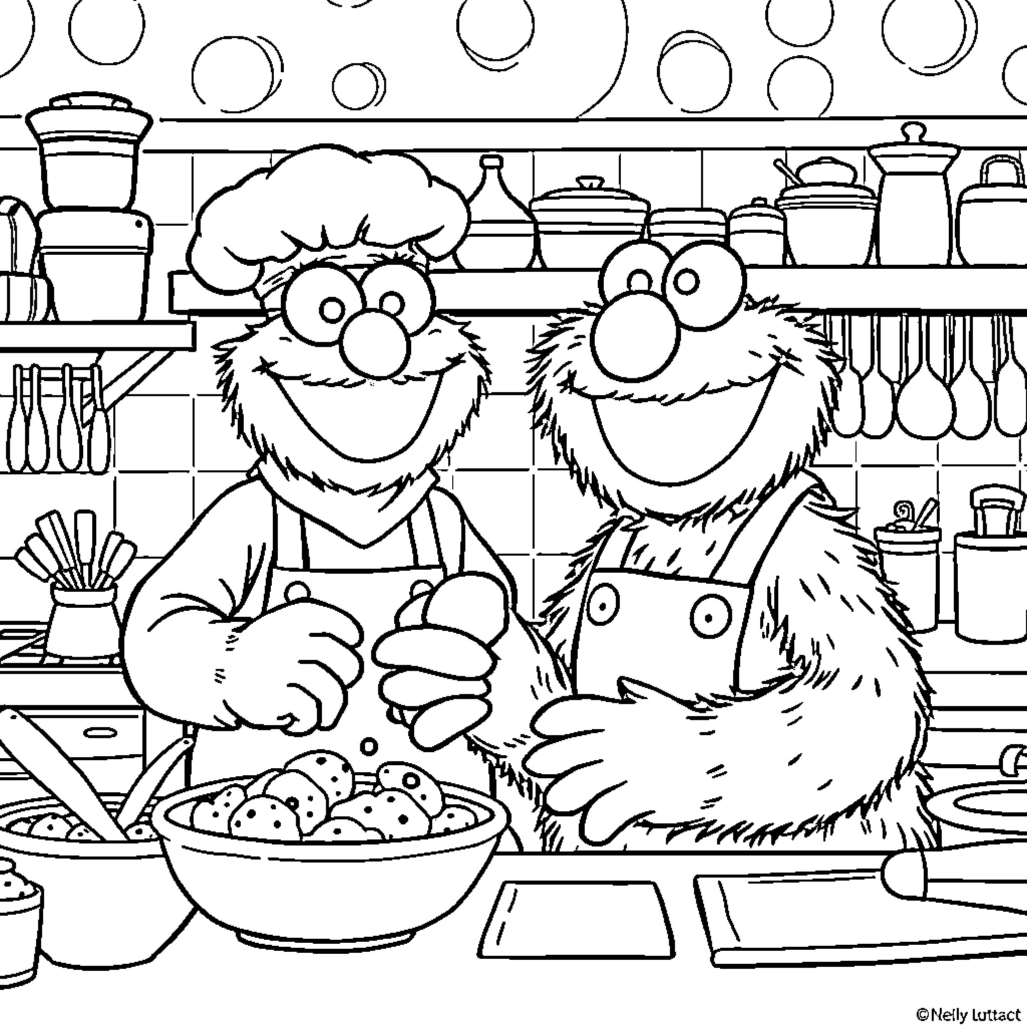 Cookie Monster and Friend Cooking in the Kitchen Coloring Page (free black-and-white line drawing printable PDF for all, from beginners to advanced learners, including children, teens, adults, and seniors)