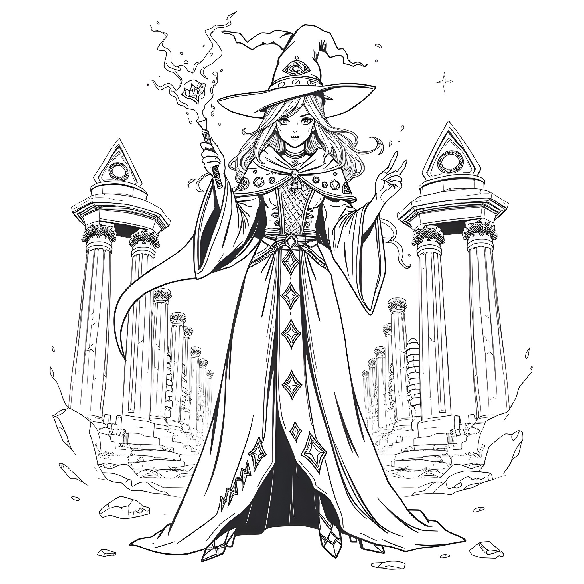 Dark Magician Girl's Mystical Enchantment Coloring Page (free black-and-white line drawing printable PDF for all, from beginners to advanced learners, including children, teens, adults, and seniors)