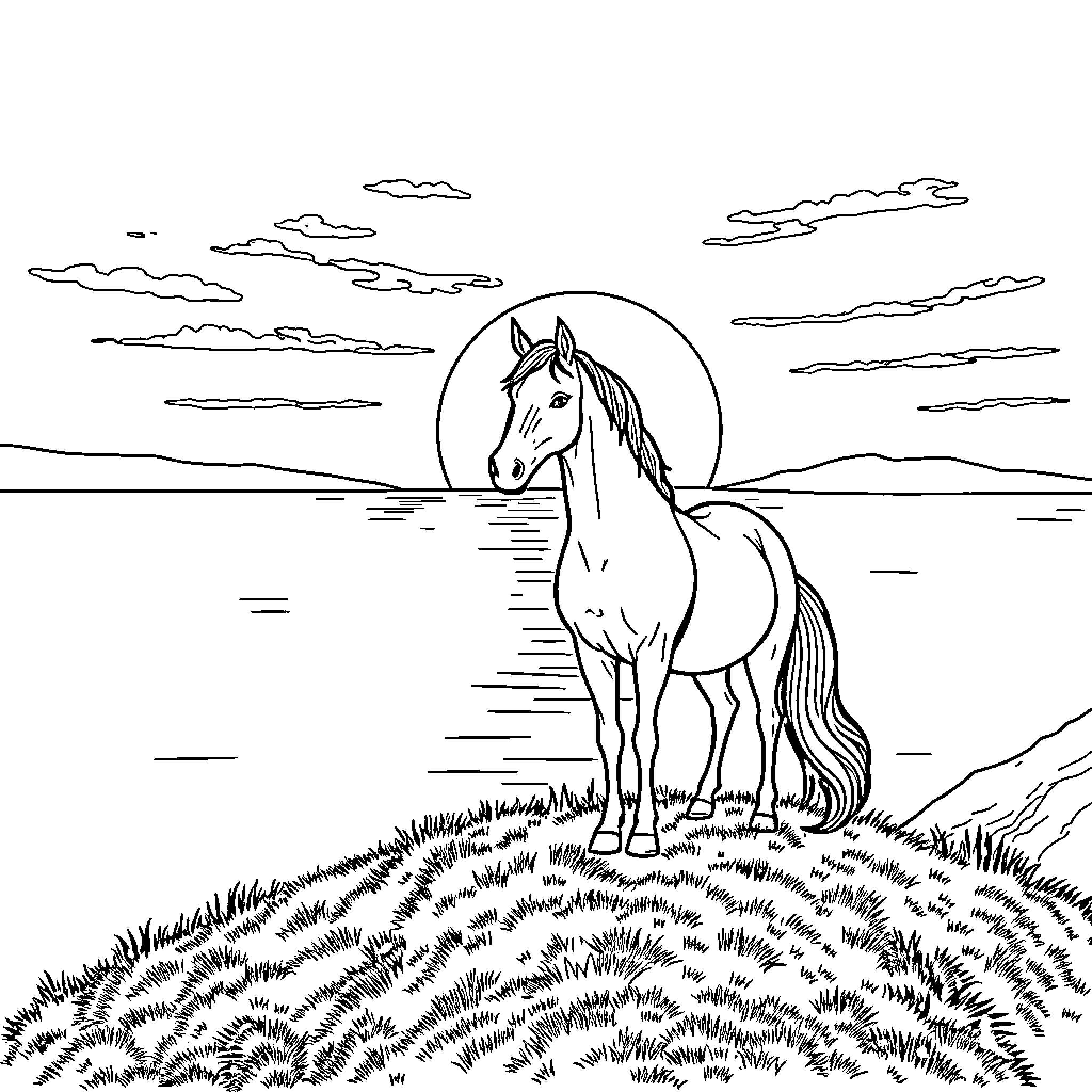 Horse standing tall under the moonlit sky Coloring Page (free black-and-white line drawing printable PDF for all, from beginners to advanced learners, including children, teens, adults, and seniors)