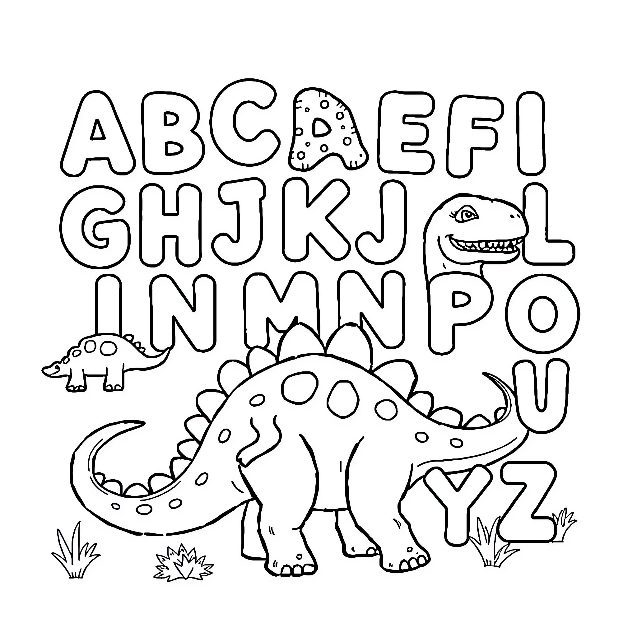 Dinosaur alphabet with playful creatures Coloring Page (free black-and-white line drawing printable PDF for all, from beginners to advanced learners, including children, teens, adults, and seniors)