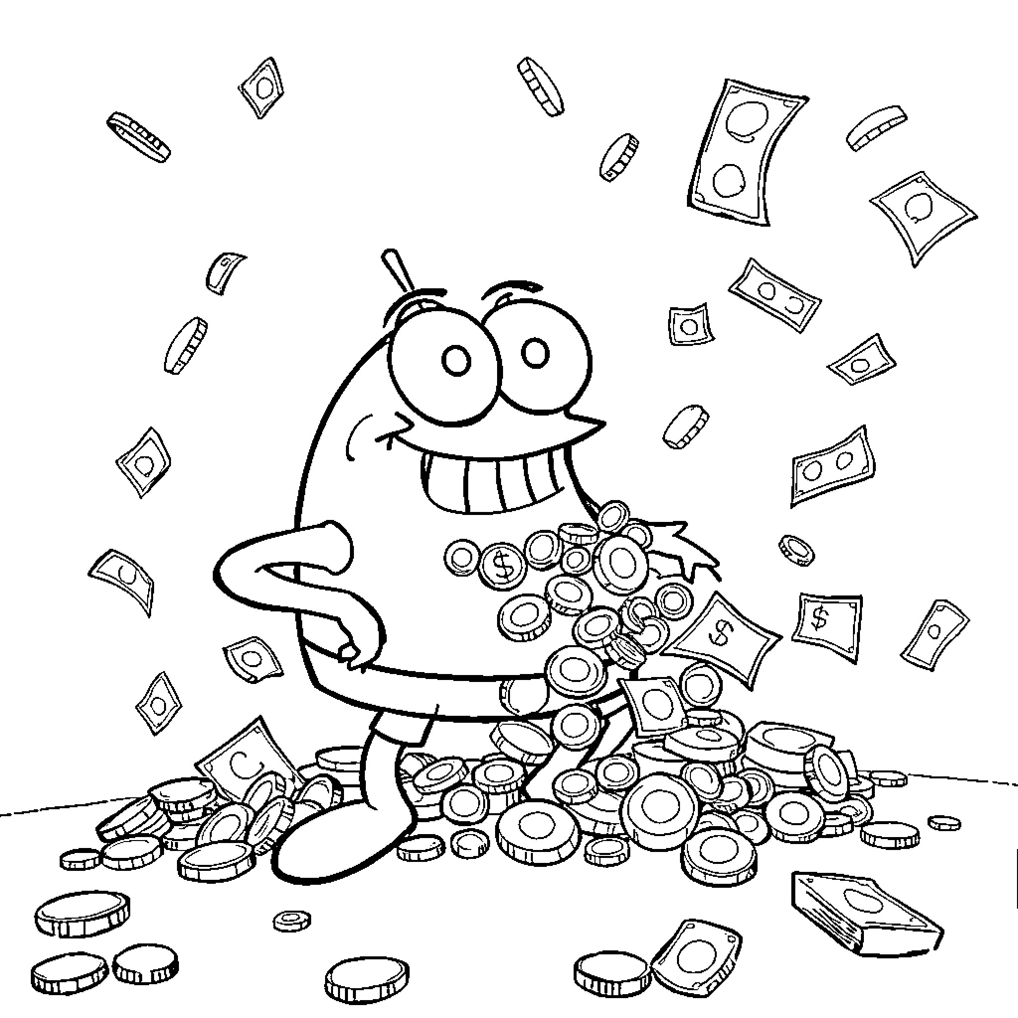 Mr. Krabs' Treasure Trove Coloring Page (free black-and-white line drawing printable PDF for all, from beginners to advanced learners, including children, teens, adults, and seniors)