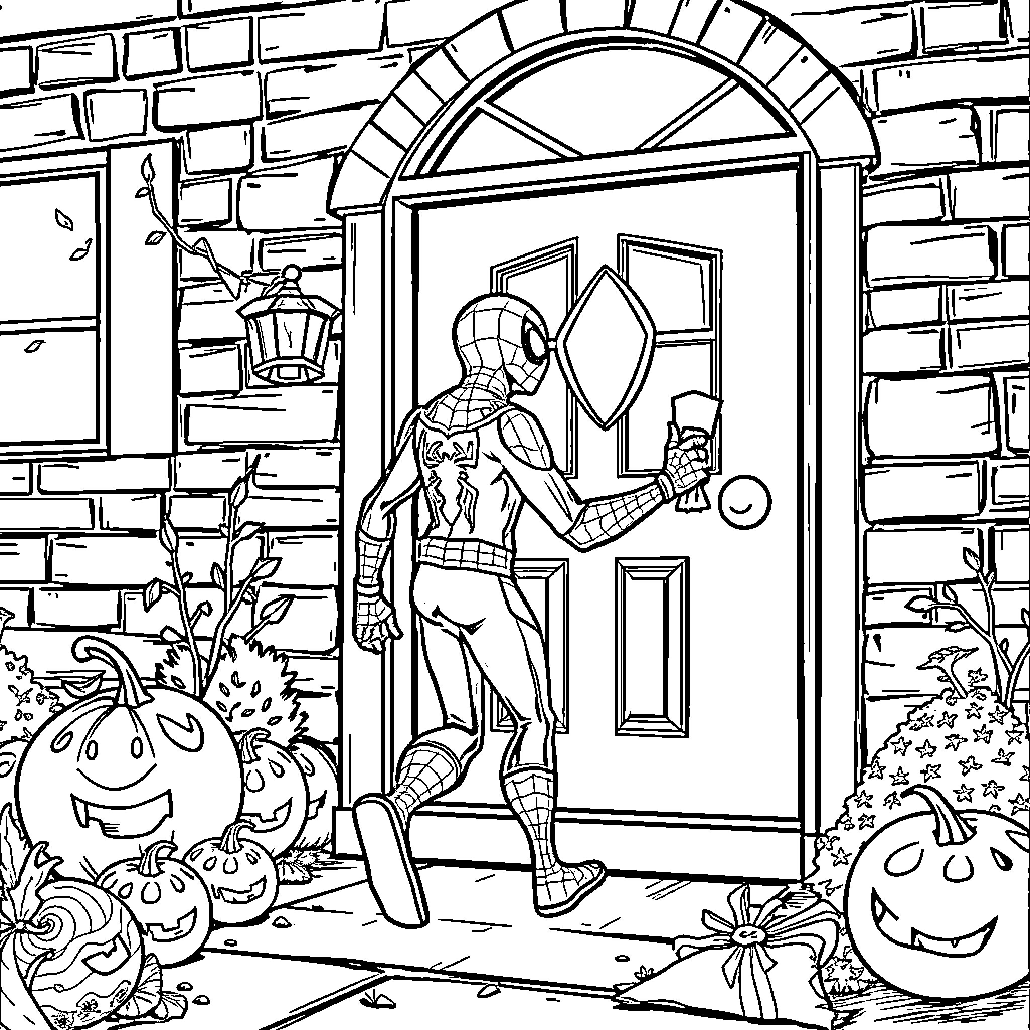 Spider-Man knocking on door in fall decor Coloring Page (free black-and-white line drawing printable PDF for all, from beginners to advanced learners, including children, teens, adults, and seniors)