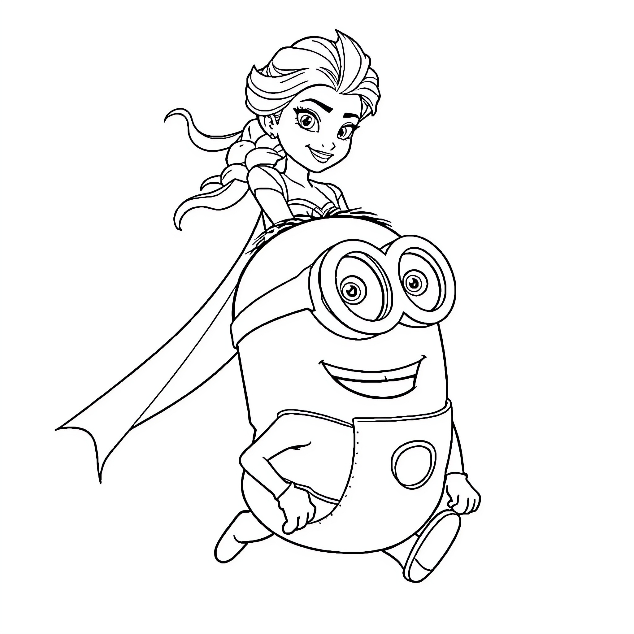 Queen Elsa and her Minion friend on an adventure Coloring Page (free black-and-white line drawing printable PDF for all, from beginners to advanced learners, including children, teens, adults, and seniors)