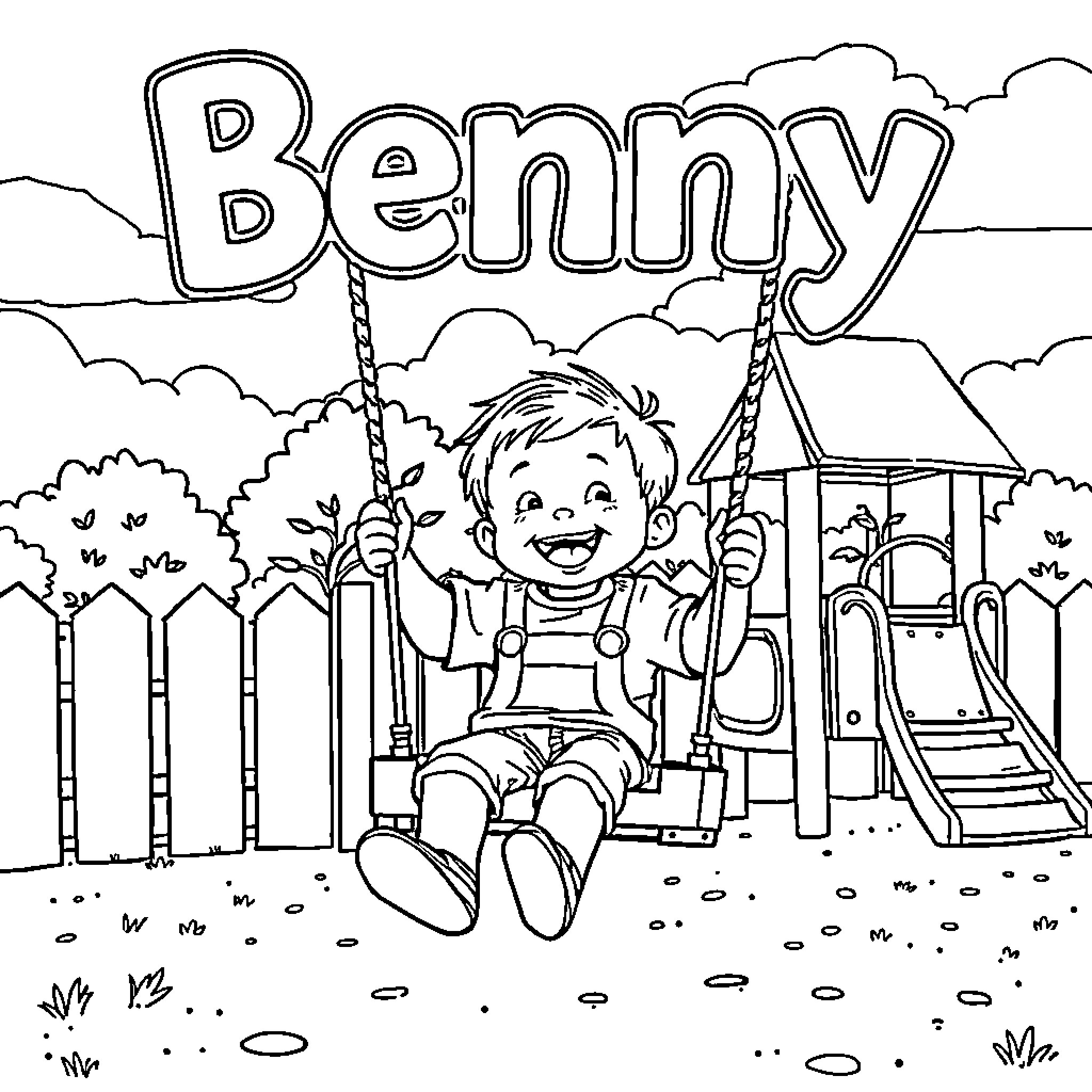 Boy playing happily on the swing set Coloring Page (free black-and-white line drawing printable PDF for all, from beginners to advanced learners, including children, teens, adults, and seniors)