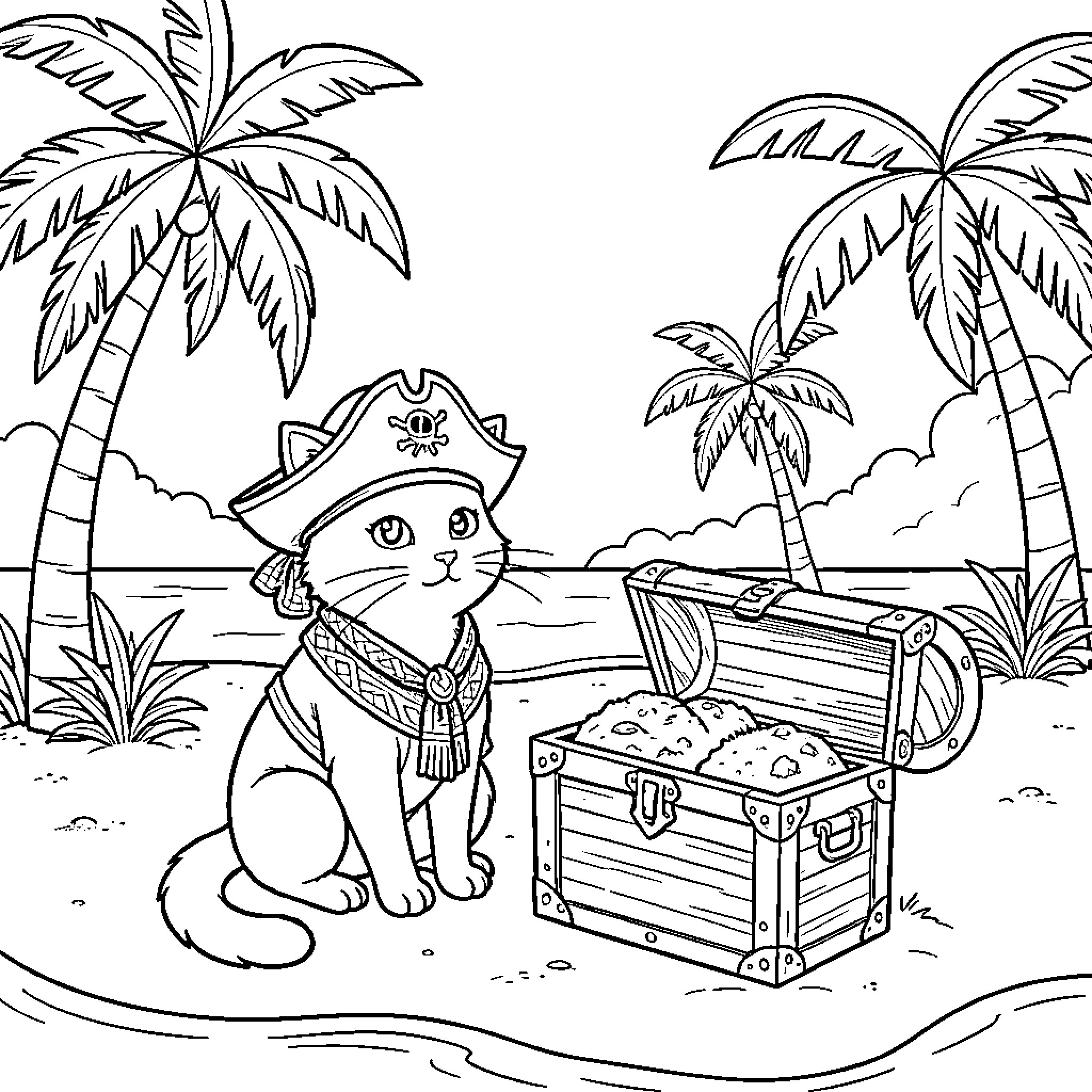 Gato the Pirate Cat Guards Treasure Chest on Tropical Beach Coloring Page (free black-and-white line drawing printable PDF for all, from beginners to advanced learners, including children, teens, adults, and seniors)