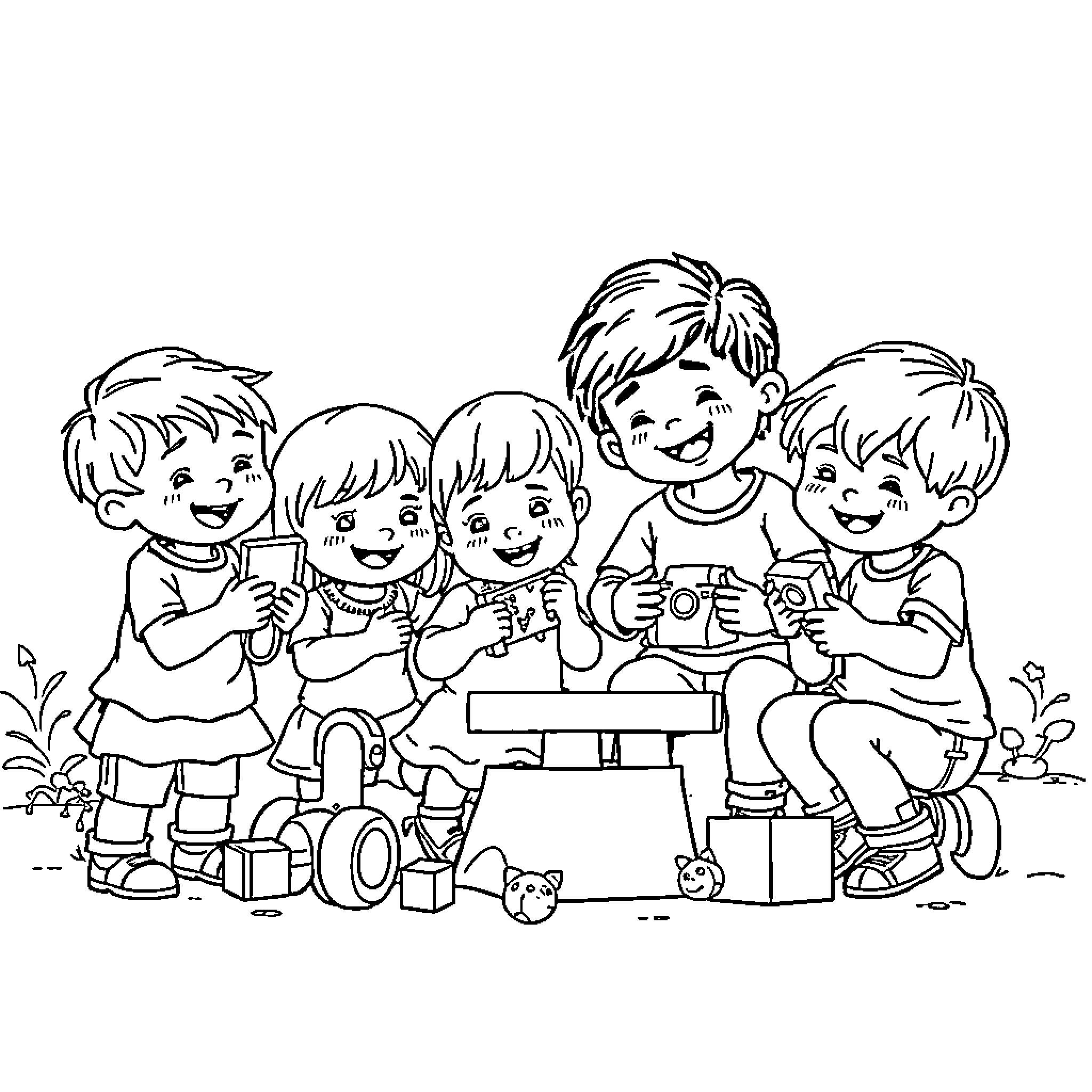 Child Friends Playing Together Happily Coloring Page (free black-and-white line drawing printable PDF for all, from beginners to advanced learners, including children, teens, adults, and seniors)