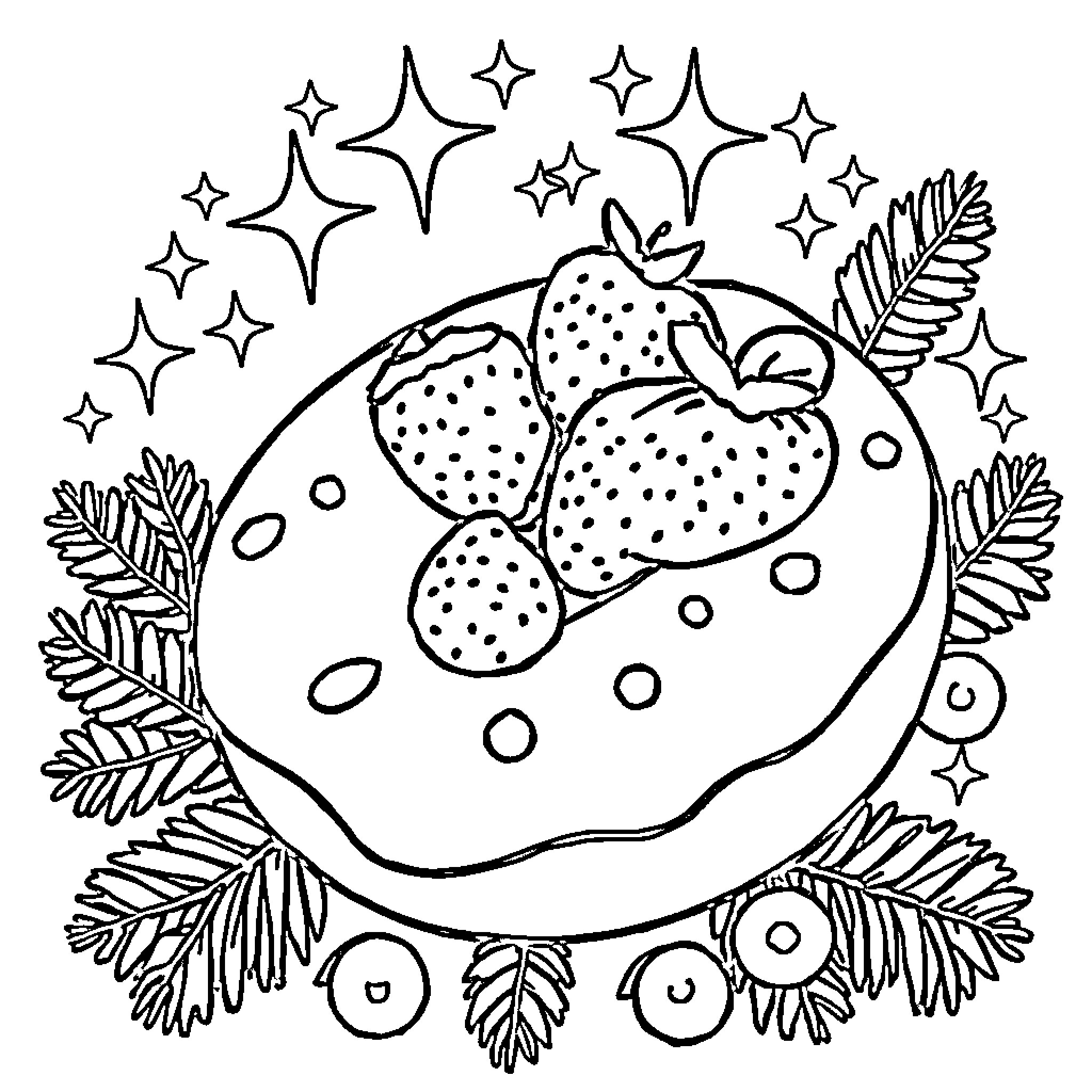 Donut surrounded by festive foliage and sparkles Coloring Page (free black-and-white line drawing printable PDF for all, from beginners to advanced learners, including children, teens, adults, and seniors)