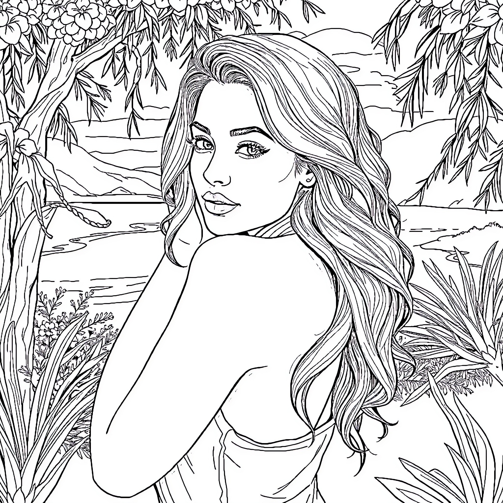 Sydney Sweeney in a serene natural setting Coloring Page (free black-and-white line drawing printable PDF for all, from beginners to advanced learners, including children, teens, adults, and seniors)
