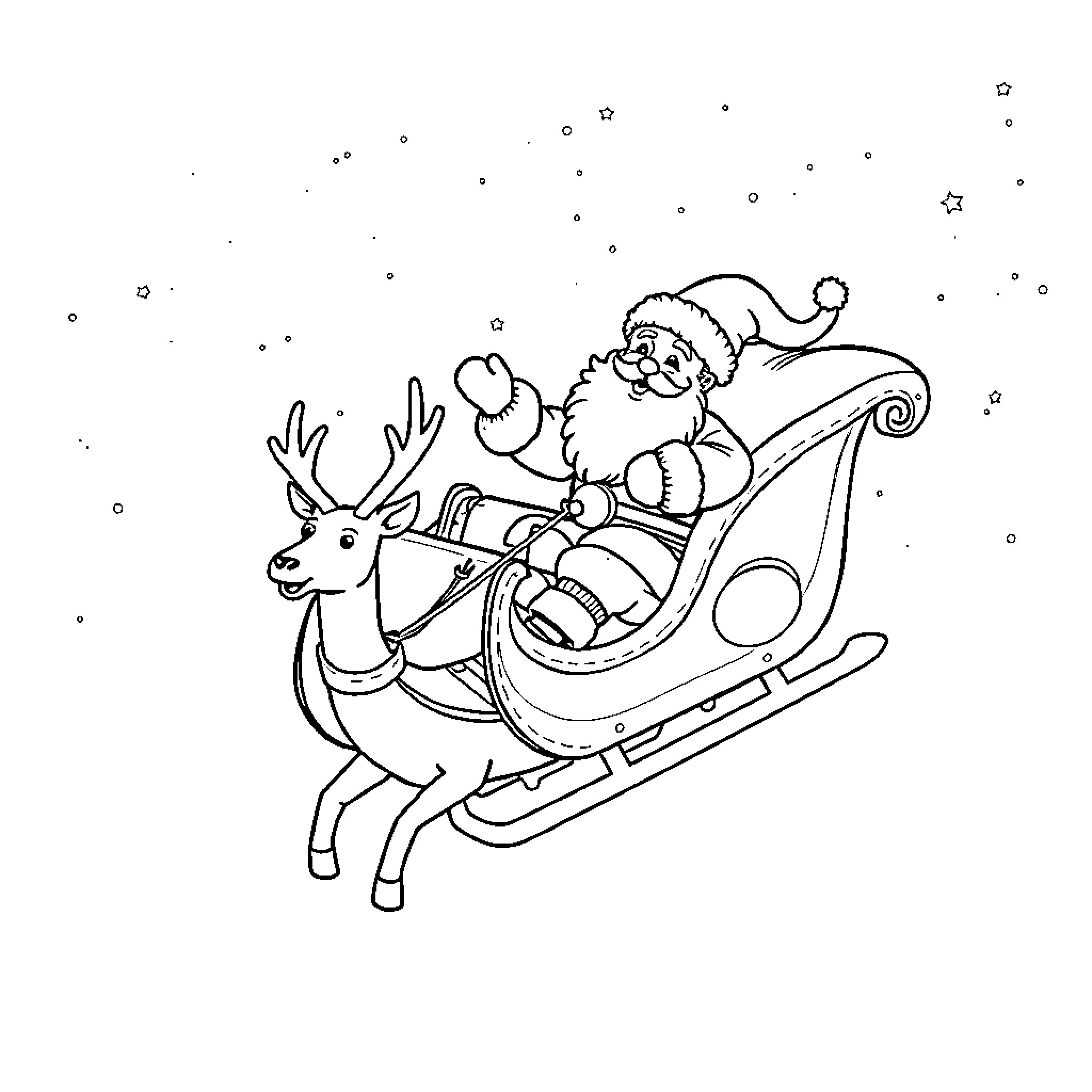 Santa riding his sleigh with reindeer on snowy night Coloring Page (free black-and-white line drawing printable PDF for all, from beginners to advanced learners, including children, teens, adults, and seniors)