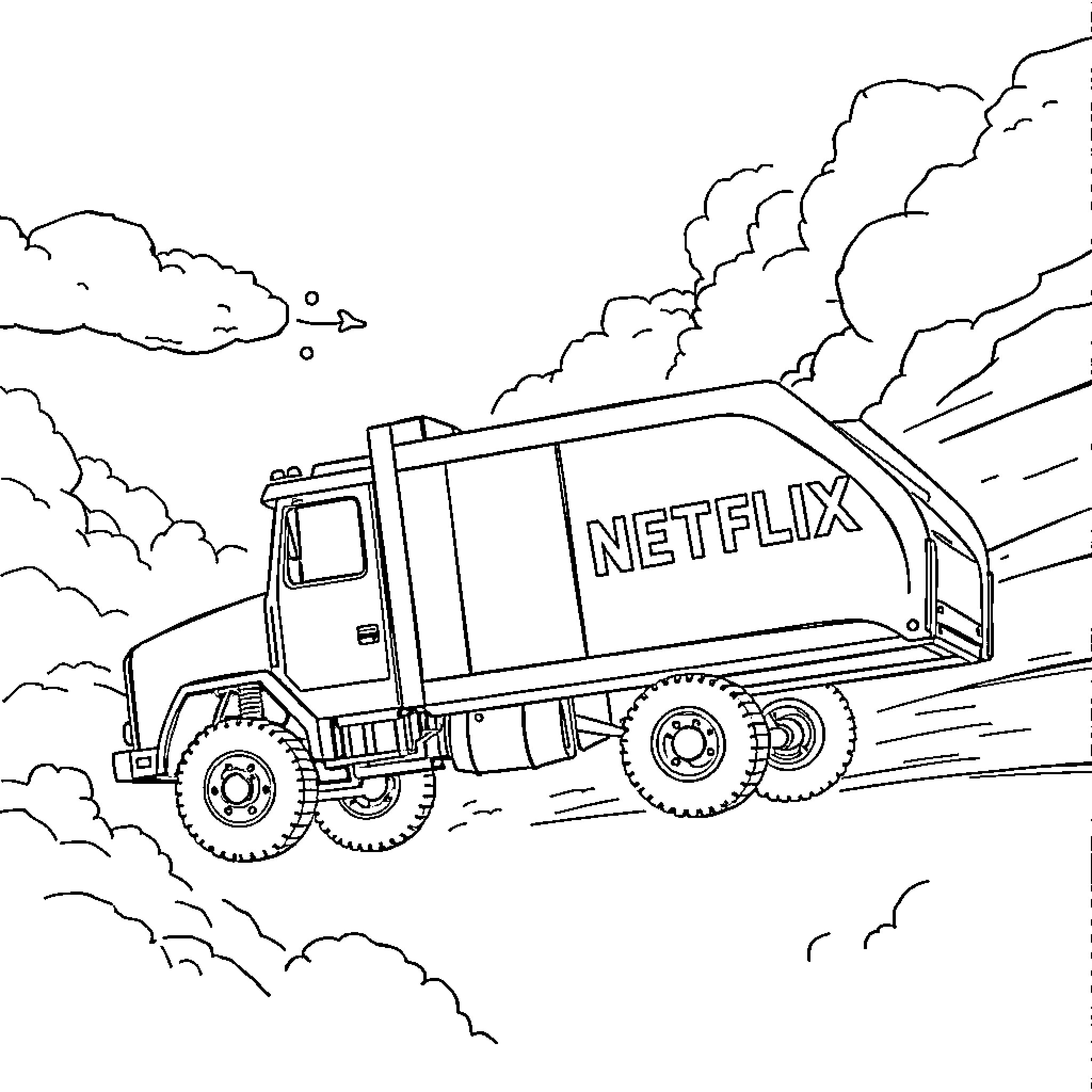 Trash Truck Delivering Netflix Content Amidst Cloudy Skies Coloring Page (free black-and-white line drawing printable PDF for all, from beginners to advanced learners, including children, teens, adults, and seniors)