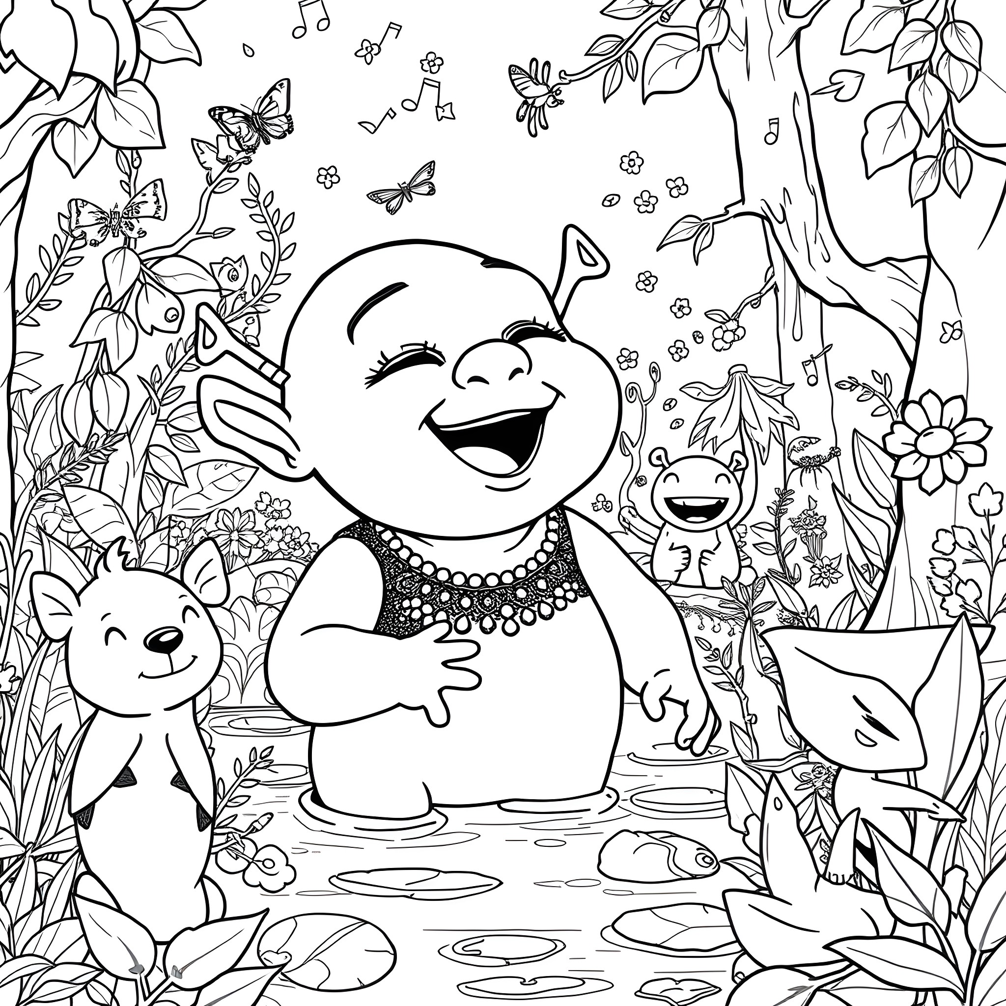 Baby Shrek enjoying the forest with animal friends Coloring Page (free black-and-white line drawing printable PDF for all, from beginners to advanced learners, including children, teens, adults, and seniors)