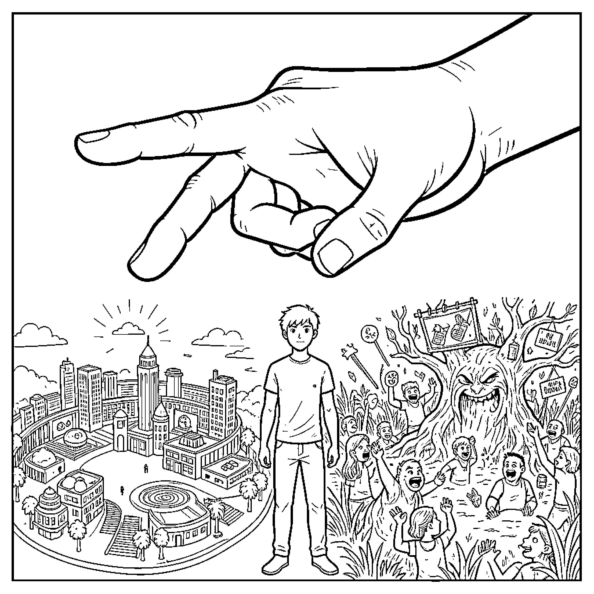 Hand guiding a person through the city Coloring Page (free black-and-white line drawing printable PDF for all, from beginners to advanced learners, including children, teens, adults, and seniors)