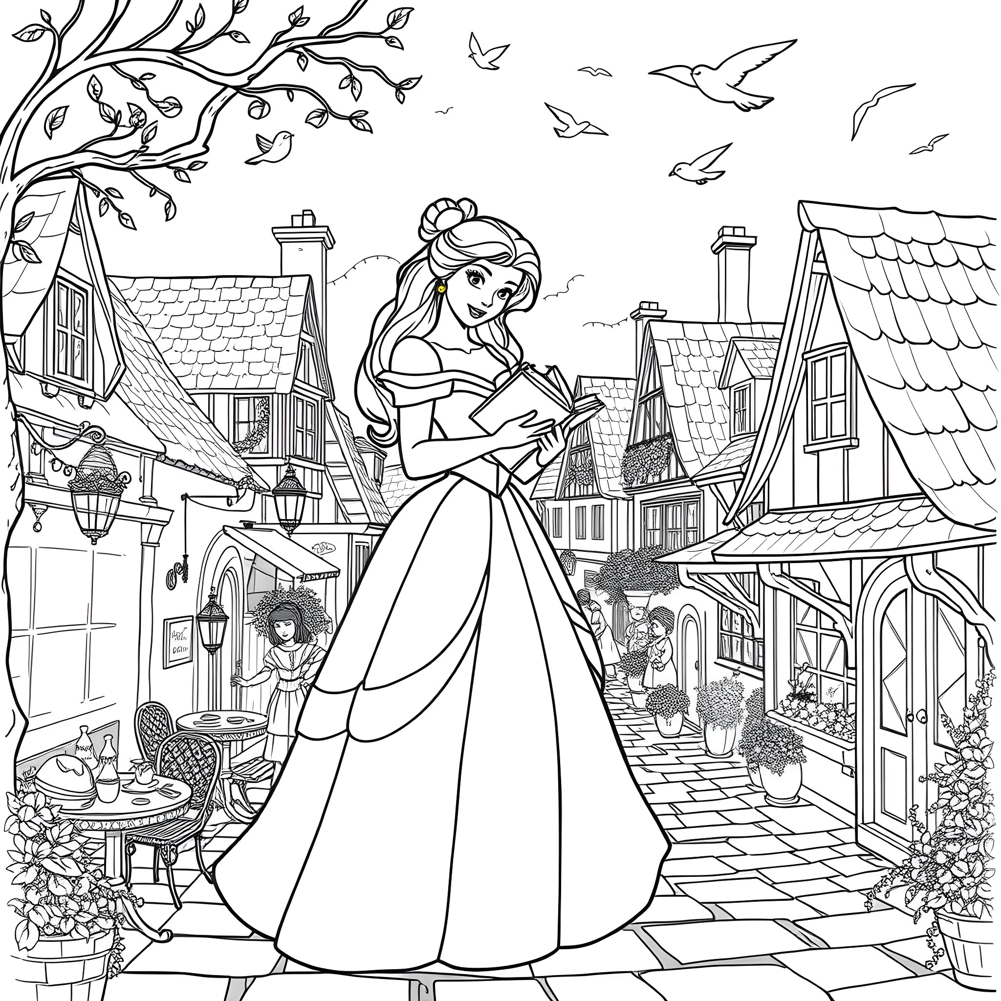 Belle's Stroll Through the Quaint Village Coloring Page (free black-and-white line drawing printable PDF for all, from beginners to advanced learners, including children, teens, adults, and seniors)