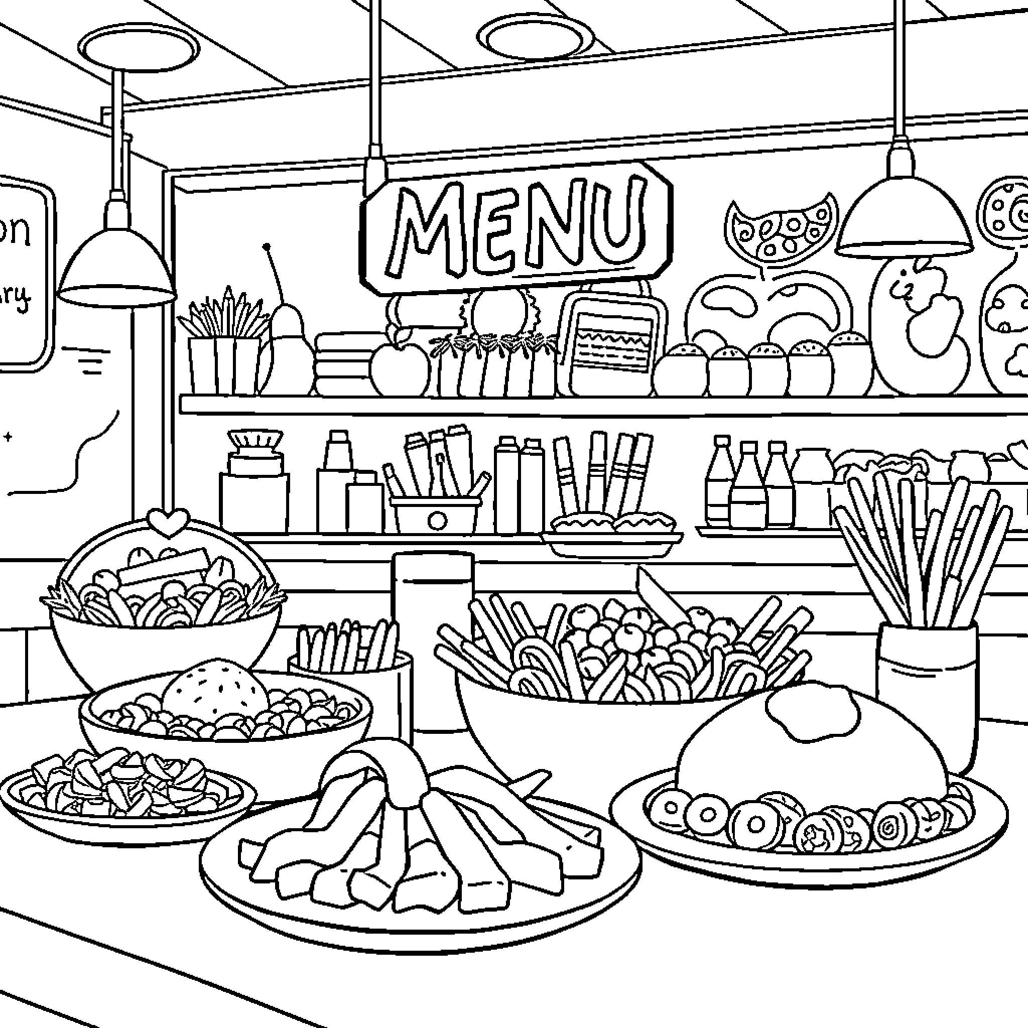 Menu featuring diverse food items in a kitchen setting Coloring Page (free black-and-white line drawing printable PDF for all, from beginners to advanced learners, including children, teens, adults, and seniors)
