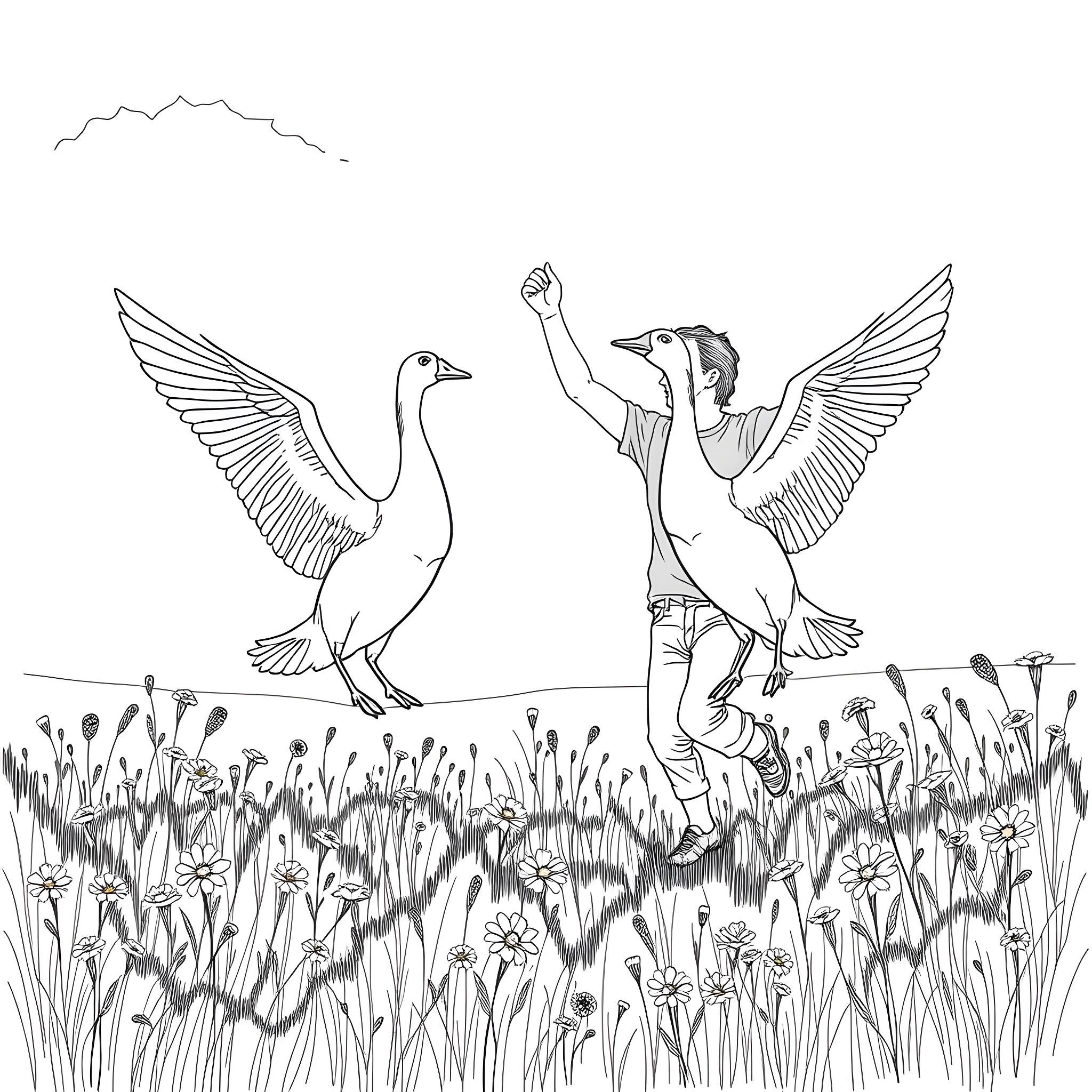Man celebrating with winged creatures in a grassy field Coloring Page (free black-and-white line drawing printable PDF for all, from beginners to advanced learners, including children, teens, adults, and seniors)
