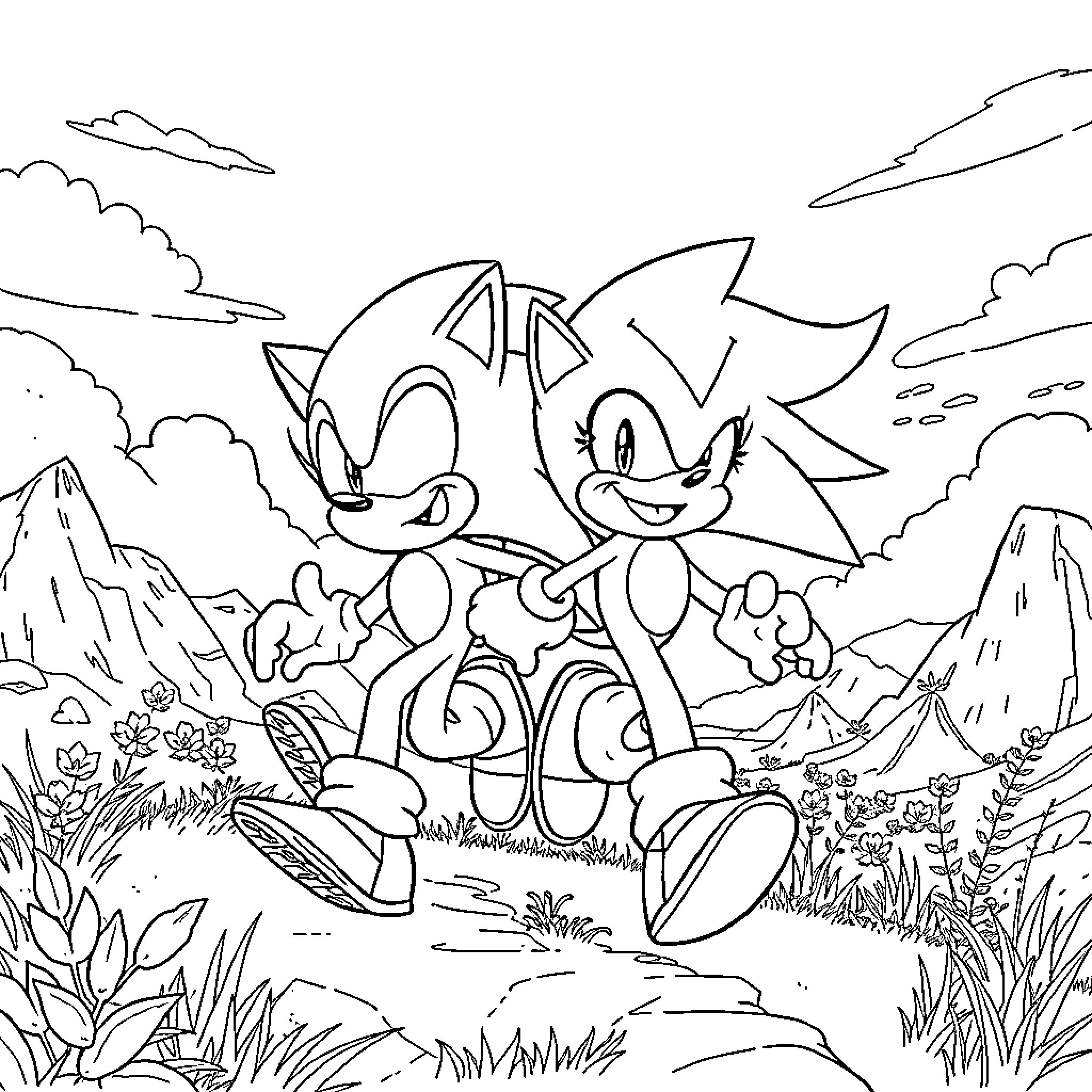 Sonic Characters Enjoying a Scenic Adventure Coloring Page (free black-and-white line drawing printable PDF for all, from beginners to advanced learners, including children, teens, adults, and seniors)