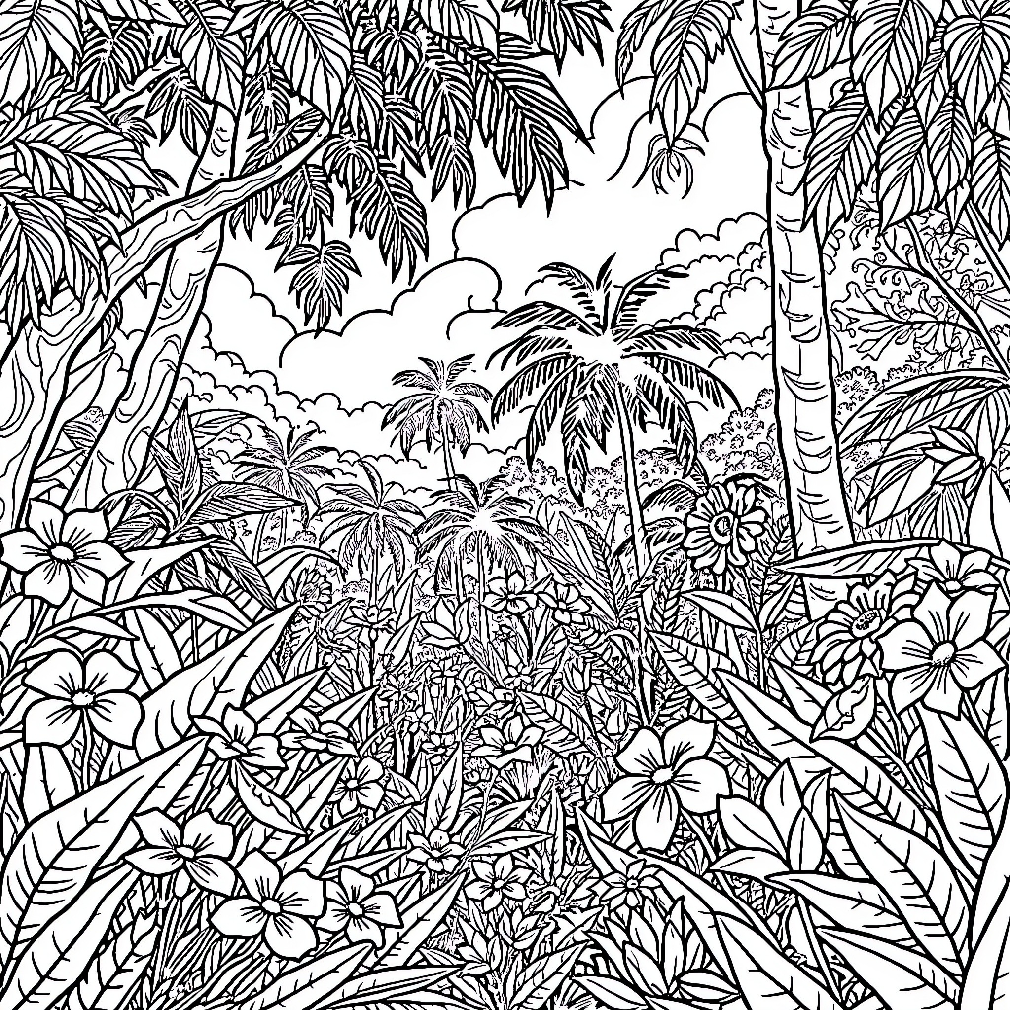 Paradise in the Lush Tropical Foliage Coloring Page (free black-and-white line drawing printable PDF for all, from beginners to advanced learners, including children, teens, adults, and seniors)
