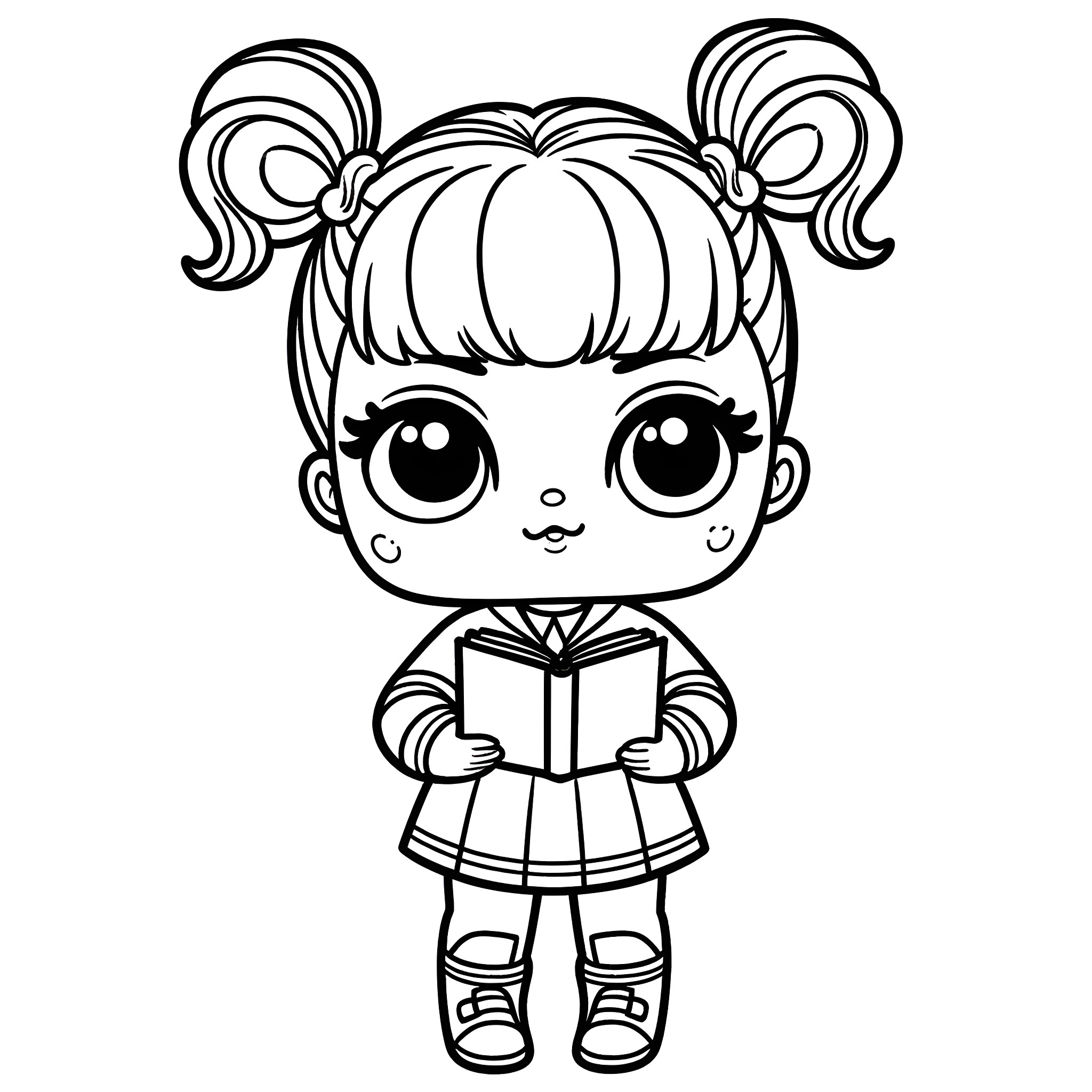 Lol Doll girl reading book happily Coloring Page (free black-and-white line drawing printable PDF for all, from beginners to advanced learners, including children, teens, adults, and seniors)