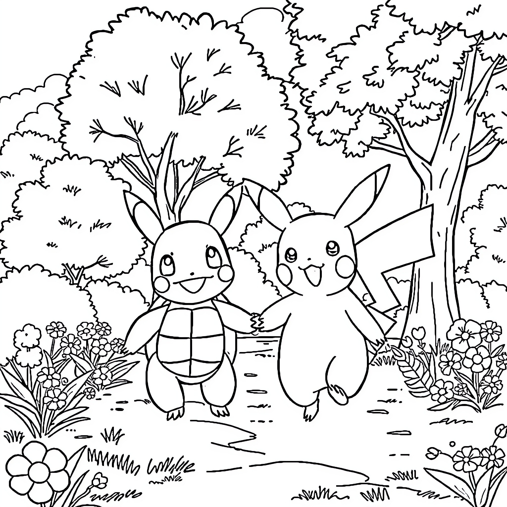 Pikachu and Squirtle Exploring the Enchanted Forest Coloring Page (free black-and-white line drawing printable PDF for all, from beginners to advanced learners, including children, teens, adults, and seniors)