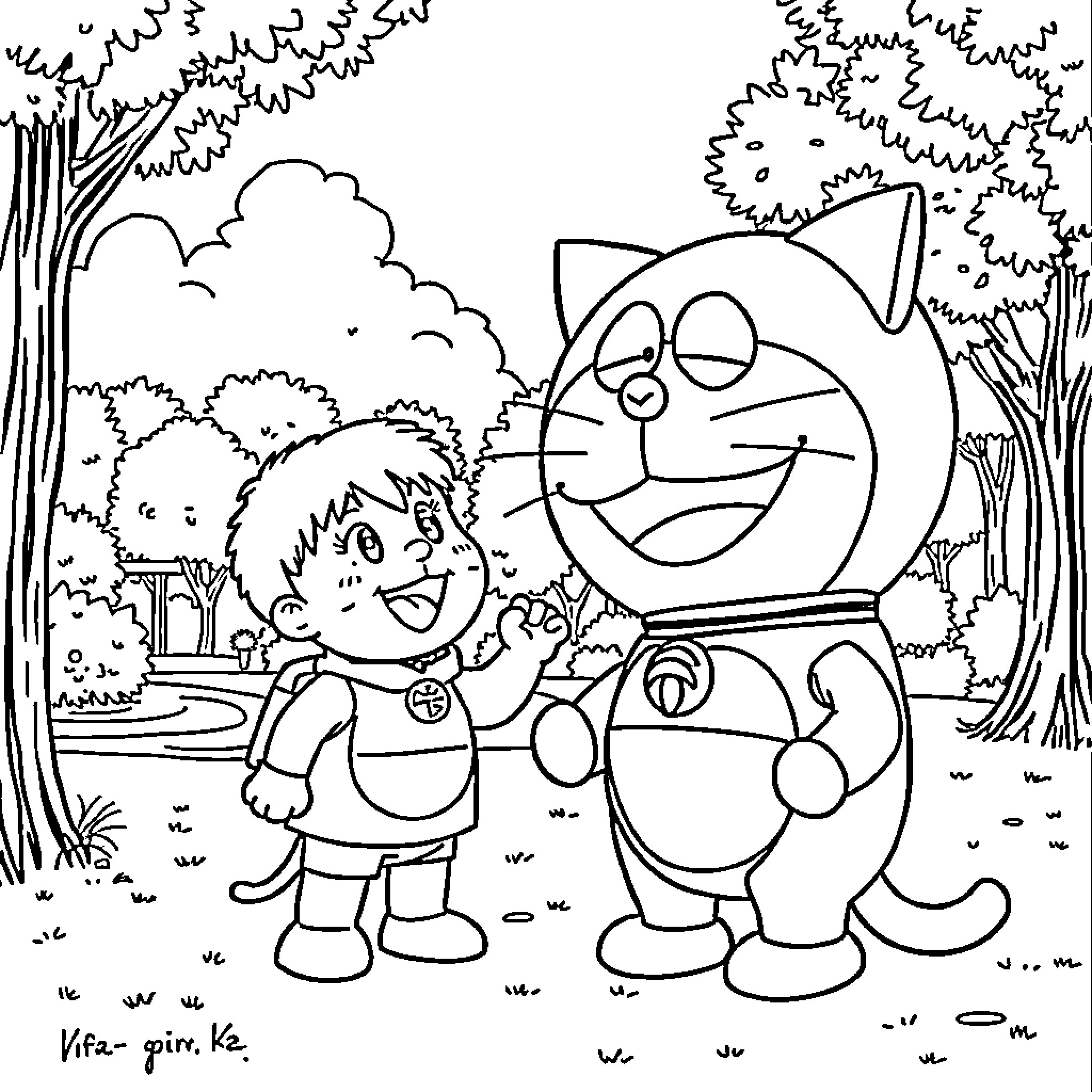 Doraemon and boy playing in the park Coloring Page (free black-and-white line drawing printable PDF for all, from beginners to advanced learners, including children, teens, adults, and seniors)