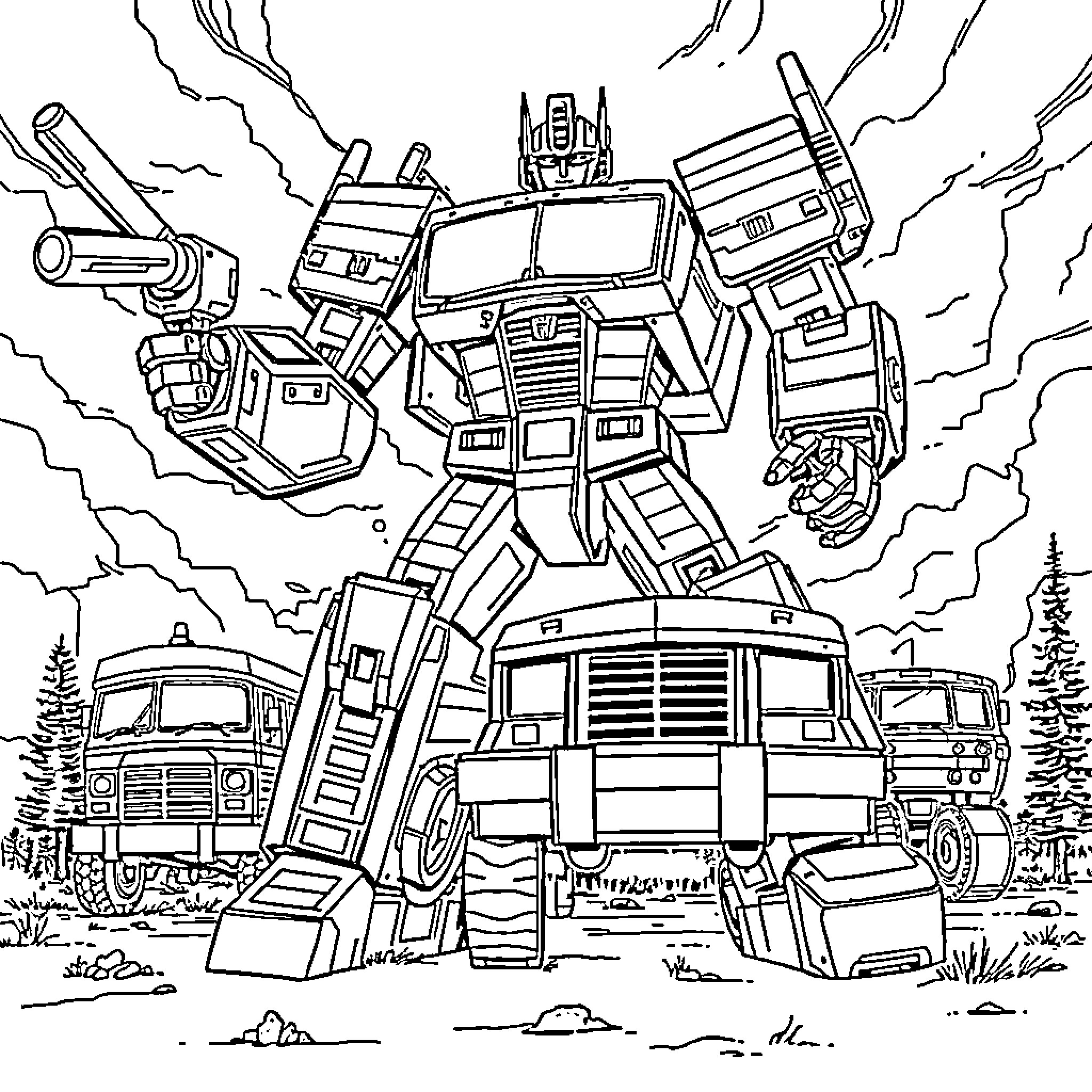 Transformer robot in battle stance with vehicles Coloring Page (free black-and-white line drawing printable PDF for all, from beginners to advanced learners, including children, teens, adults, and seniors)