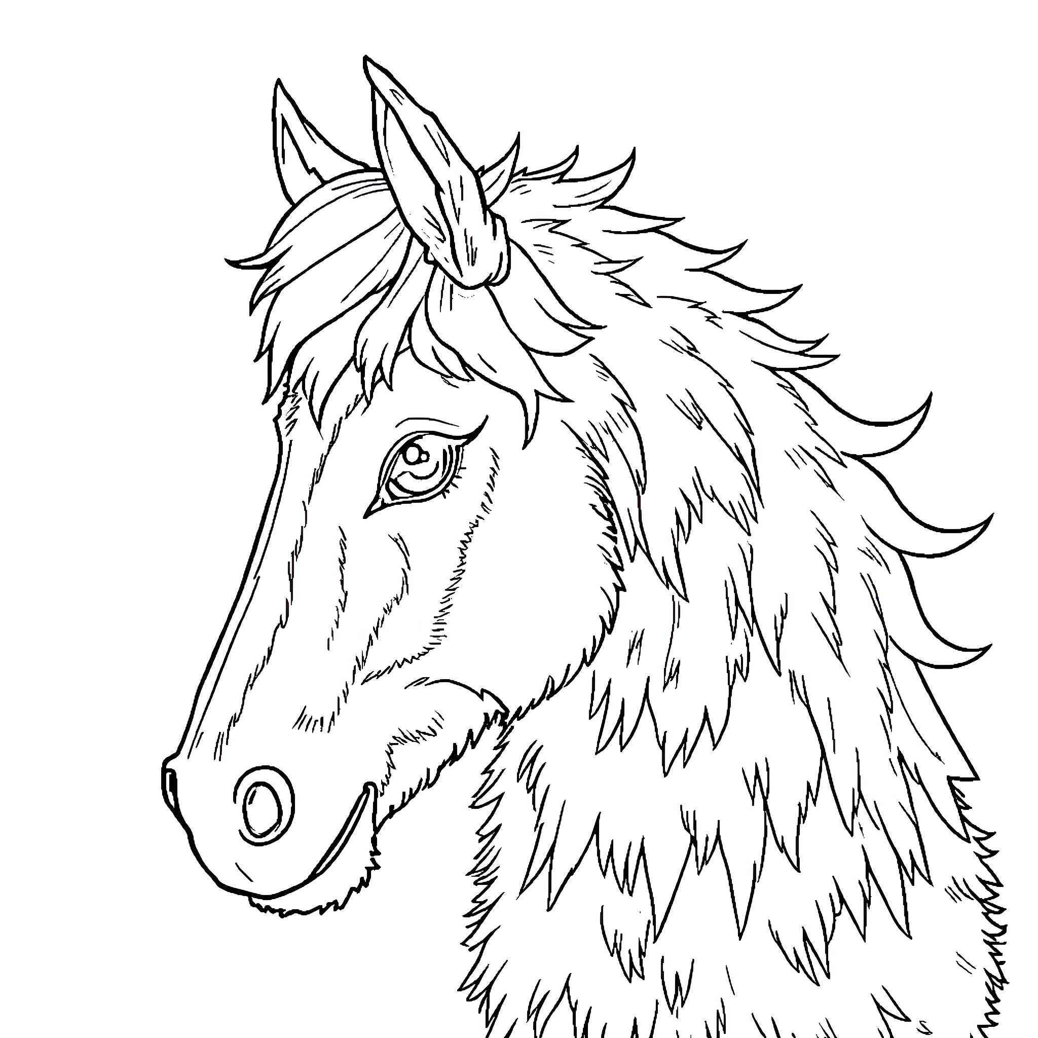 Horse with Flowing Mane Coloring Page (free black-and-white line drawing printable PDF for all, from beginners to advanced learners, including children, teens, adults, and seniors)