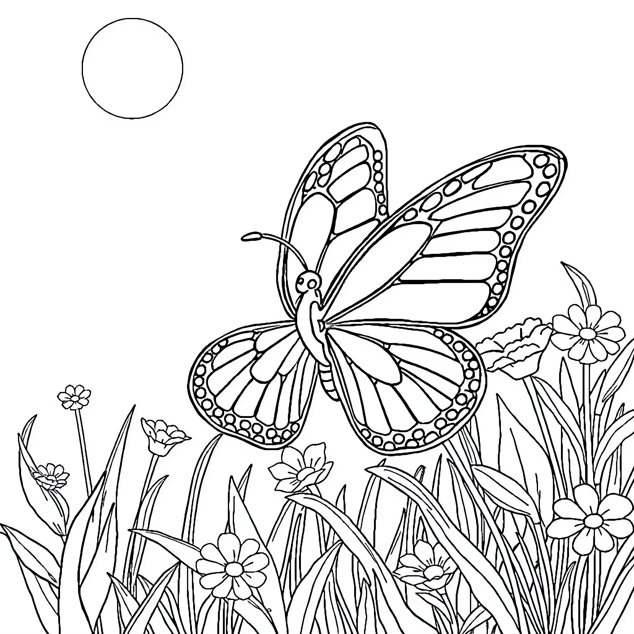 Butterfly soaring gracefully through a lush garden Coloring Page (free black-and-white line drawing printable PDF for all, from beginners to advanced learners, including children, teens, adults, and seniors)