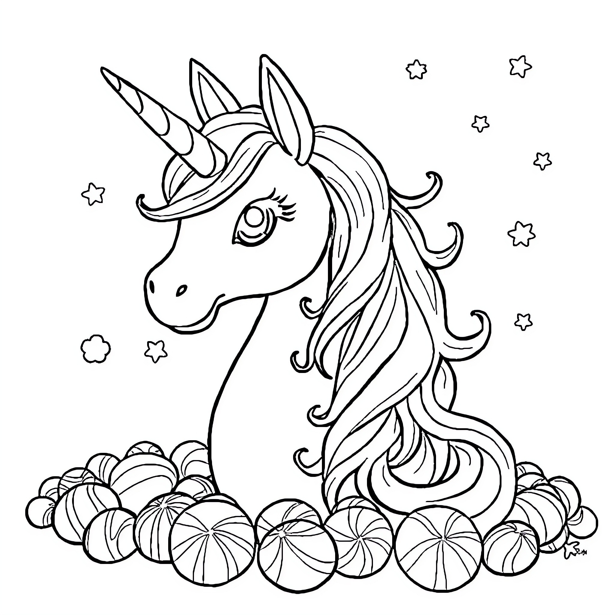 Unicorn resting amidst a field of stars Coloring Page (free black-and-white line drawing printable PDF for all, from beginners to advanced learners, including children, teens, adults, and seniors)