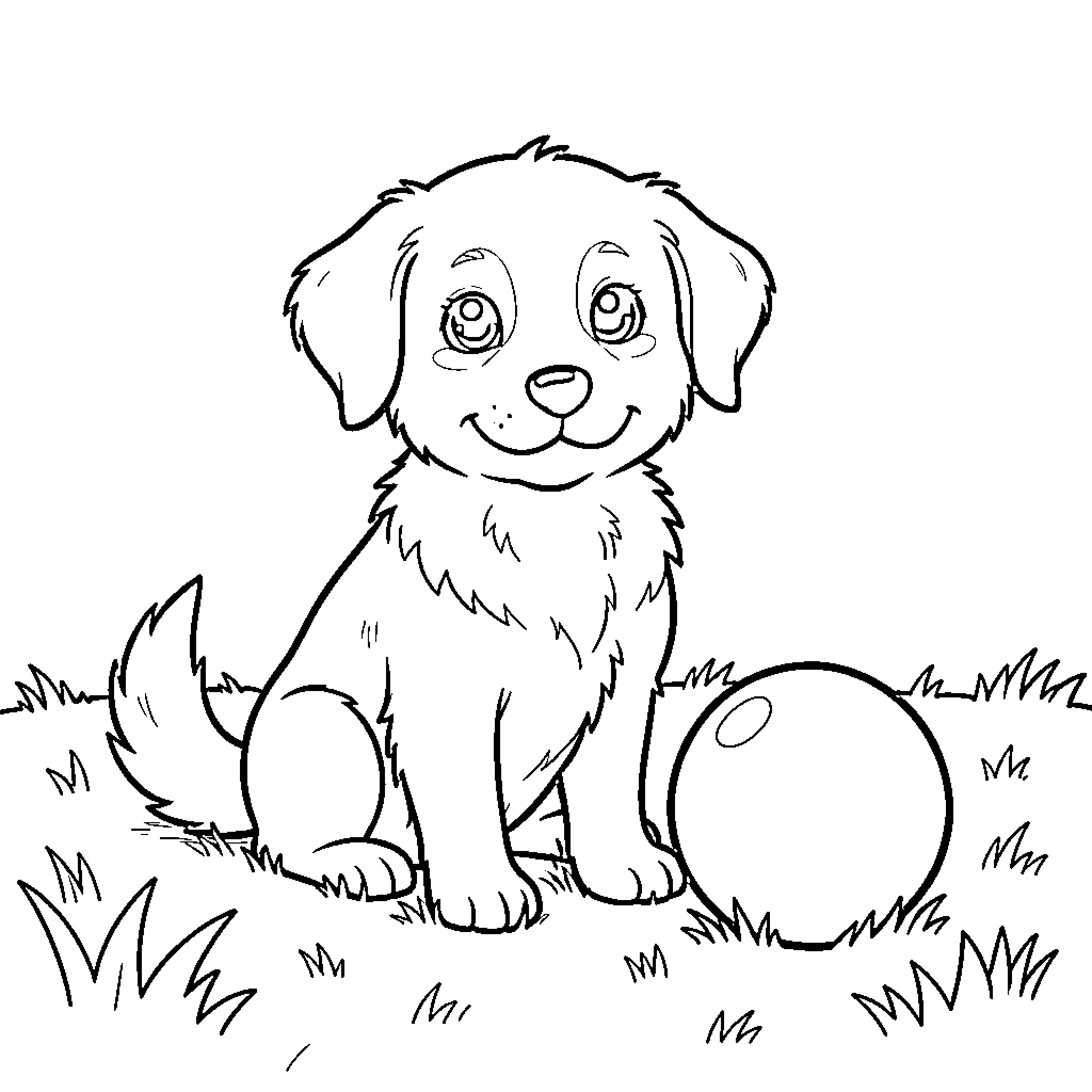 Dog sitting happily on the grass with a ball Coloring Page (free black-and-white line drawing printable PDF for all, from beginners to advanced learners, including children, teens, adults, and seniors)