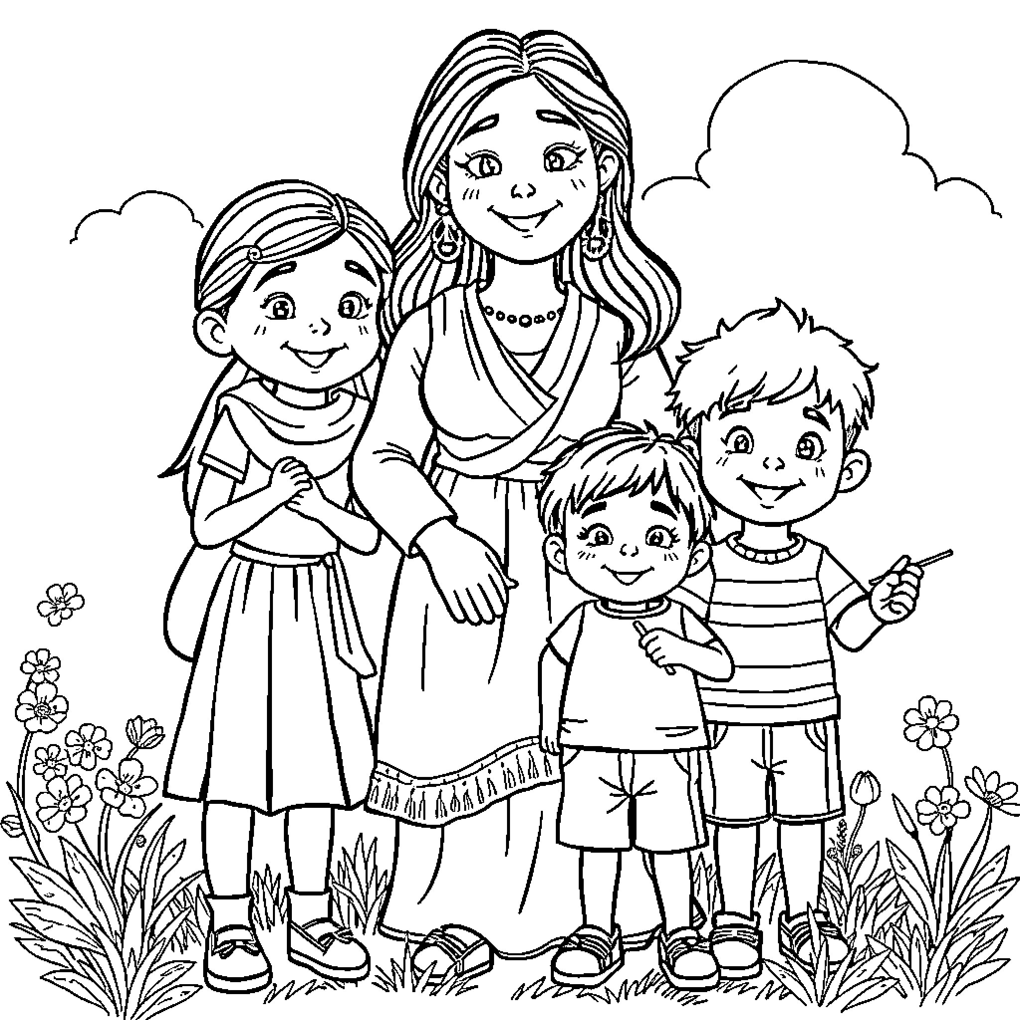 Family Enjoying Outdoor Time Together Coloring Page (free black-and-white line drawing printable PDF for all, from beginners to advanced learners, including children, teens, adults, and seniors)