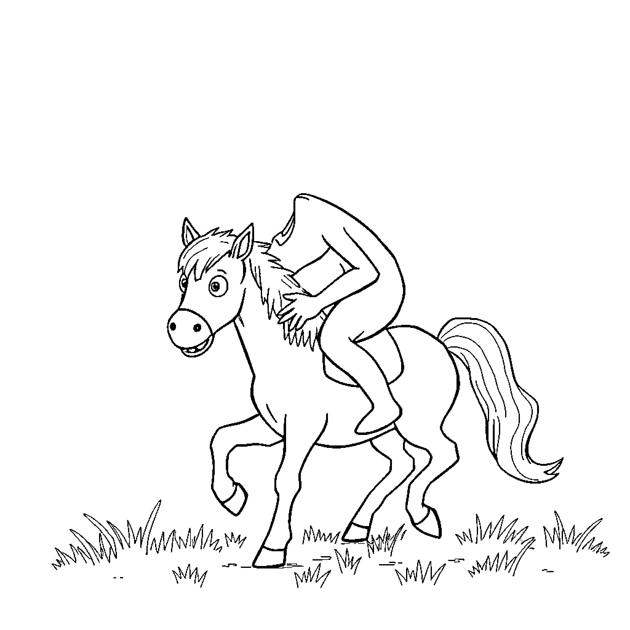 Monster riding a playful horse in a field Coloring Page (free black-and-white line drawing printable PDF for all, from beginners to advanced learners, including children, teens, adults, and seniors)