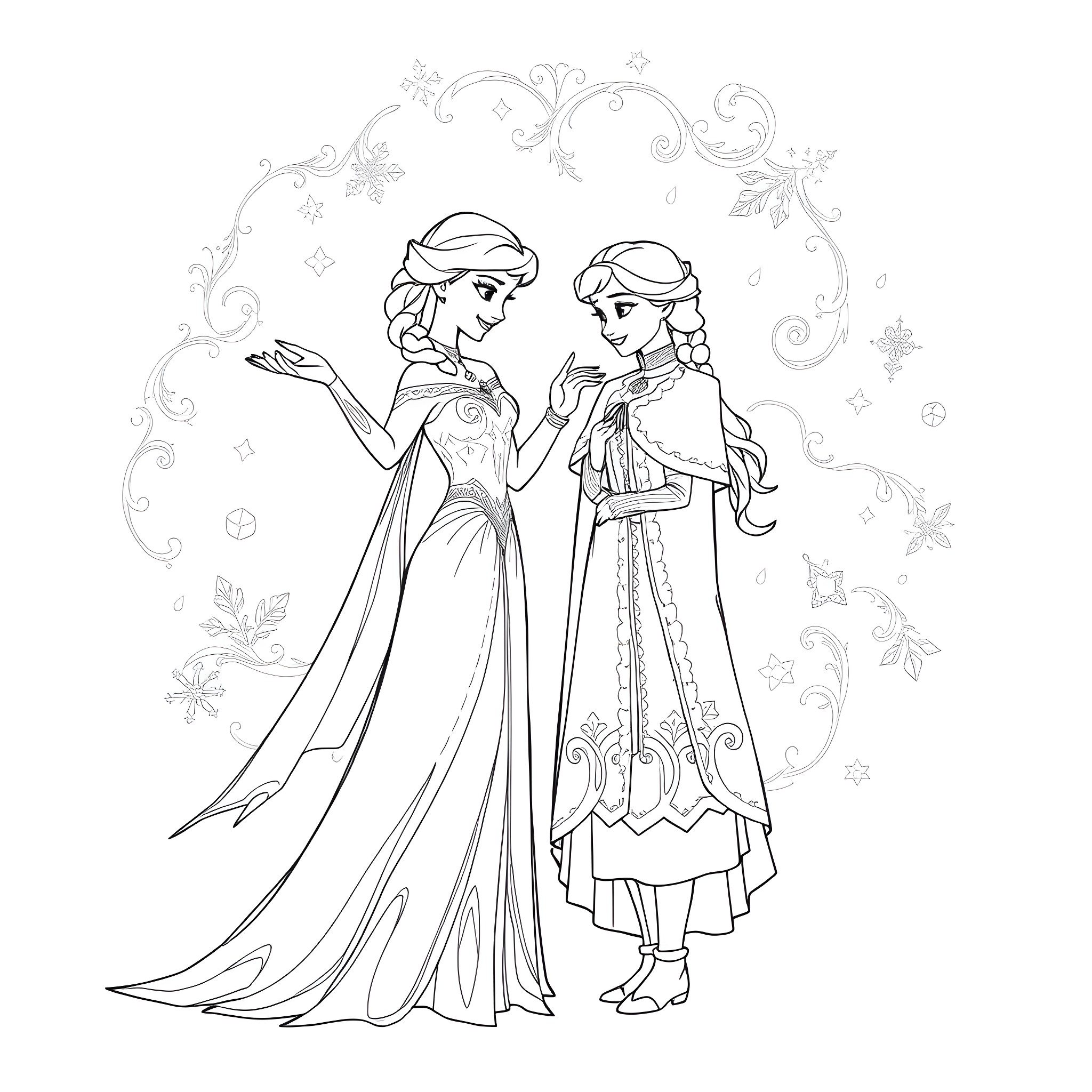 Elsa and Anna in elegant winter dresses Coloring Page (free black-and-white line drawing printable PDF for all, from beginners to advanced learners, including children, teens, adults, and seniors)