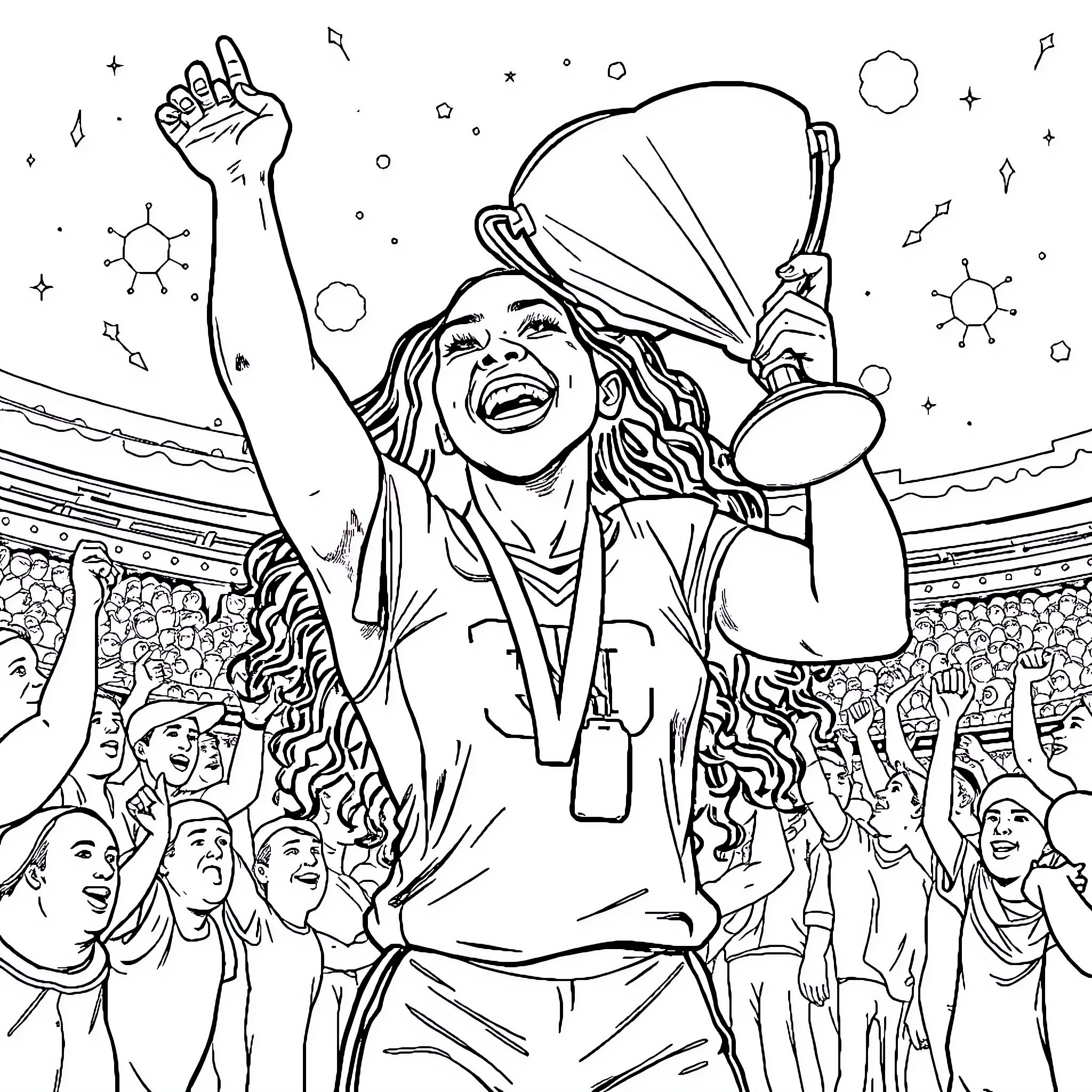 Dove celebrating triumphantly on stage with adoring crowd Coloring Page (free black-and-white line drawing printable PDF for all, from beginners to advanced learners, including children, teens, adults, and seniors)