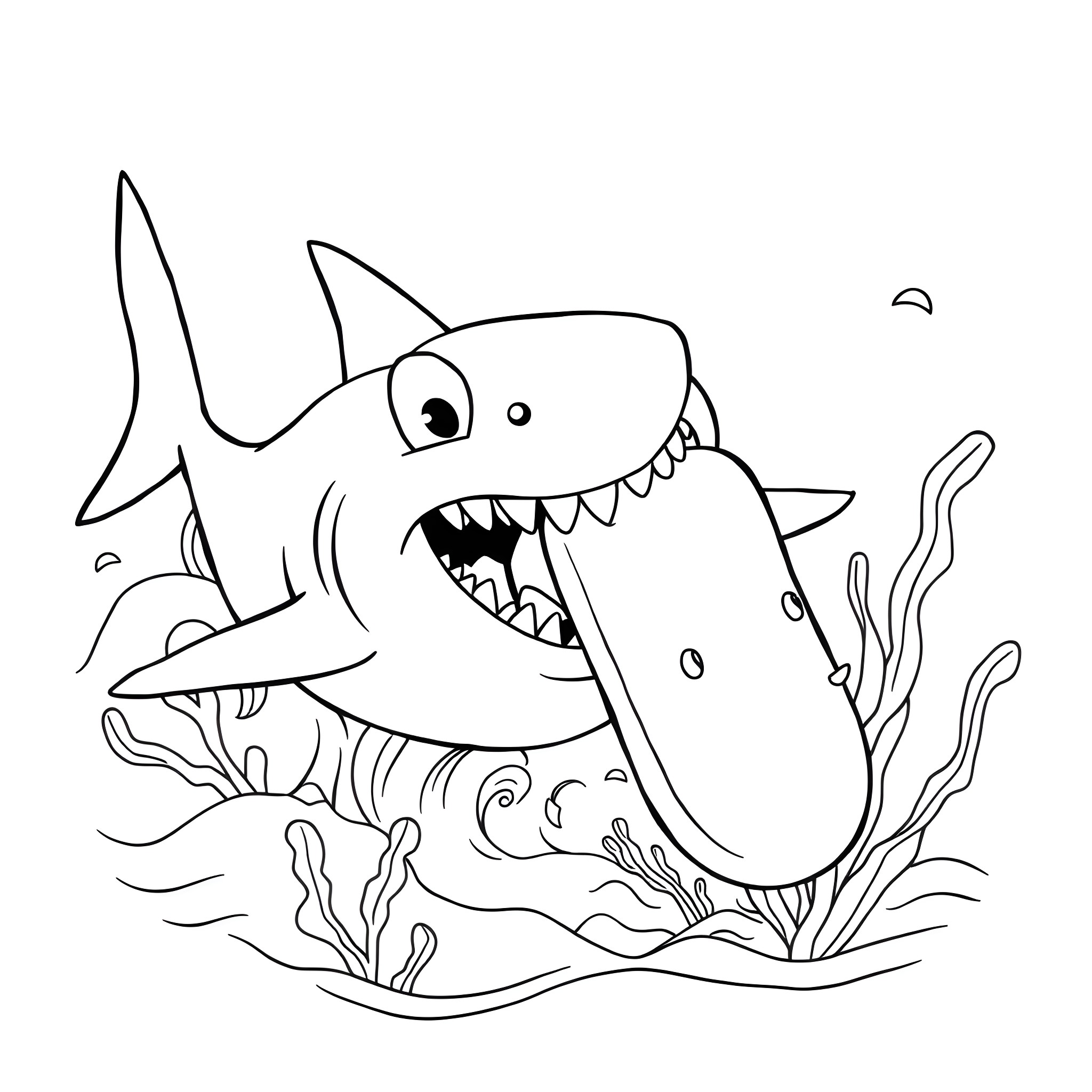Shark swimming with a wide-open mouth Coloring Page (free black-and-white line drawing printable PDF for all, from beginners to advanced learners, including children, teens, adults, and seniors)