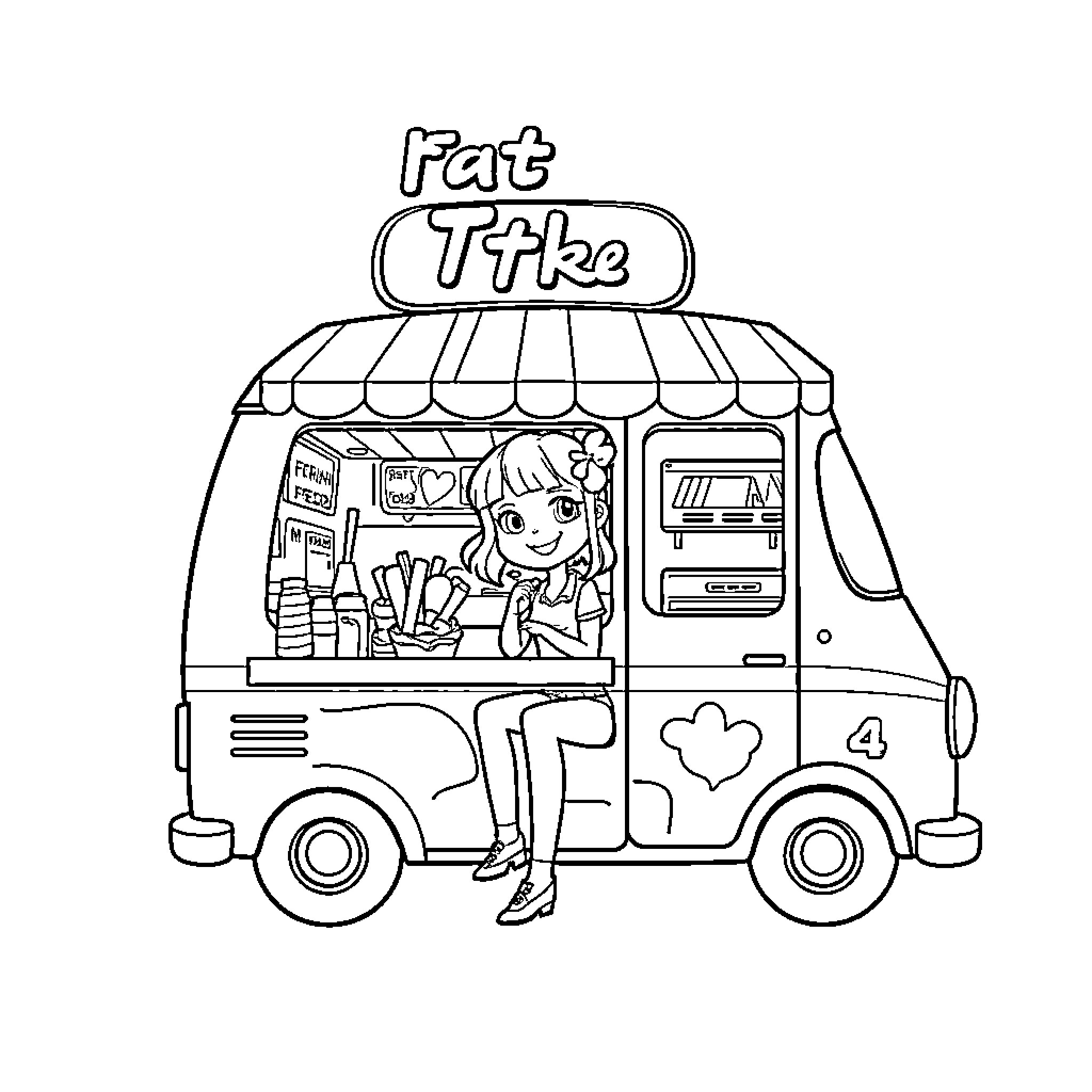 Fast Food Truck with Happy Employee Coloring Page (free black-and-white line drawing printable PDF for all, from beginners to advanced learners, including children, teens, adults, and seniors)